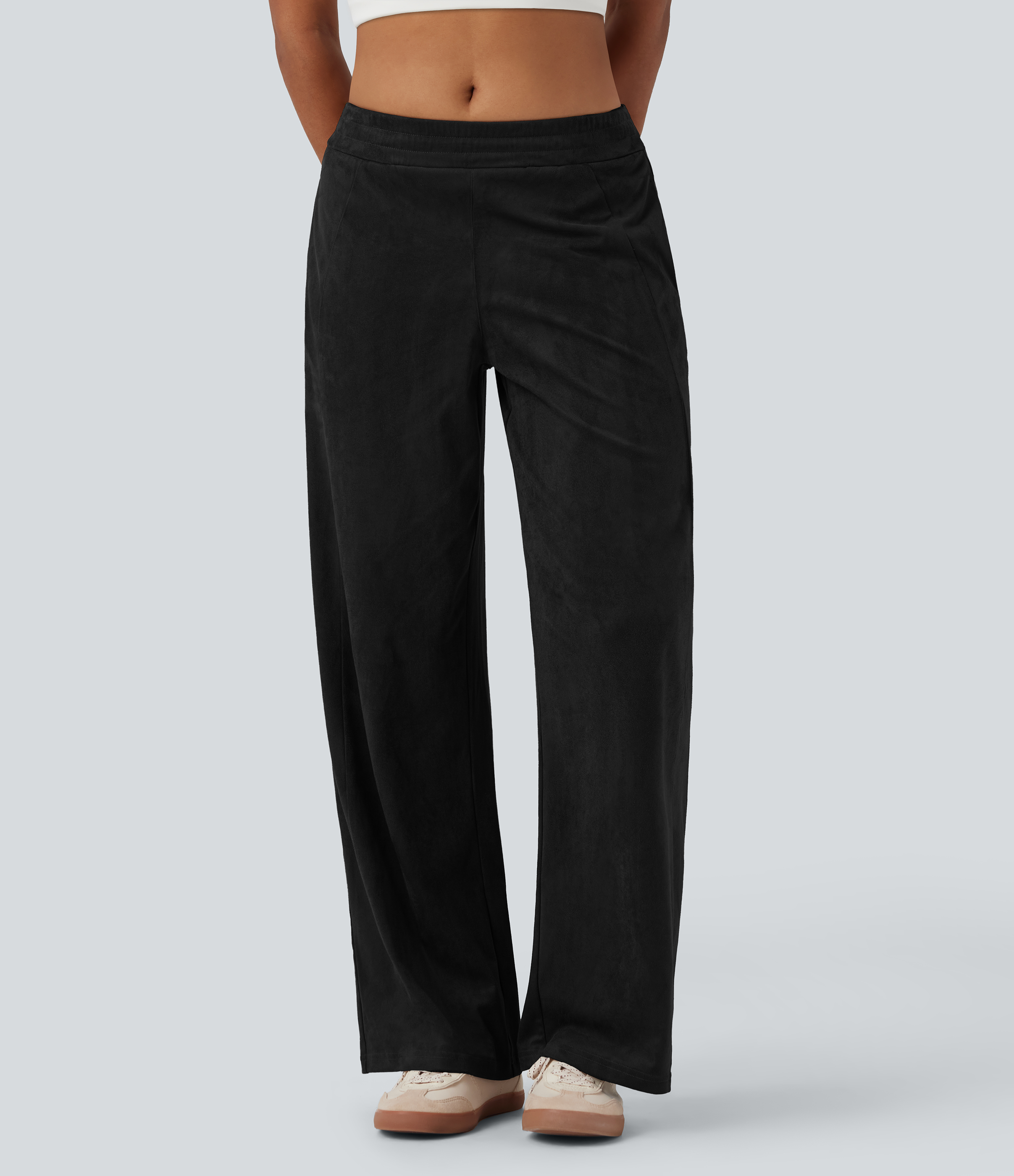 Mid Rise Suede Casual Baggy Pants with Pockets