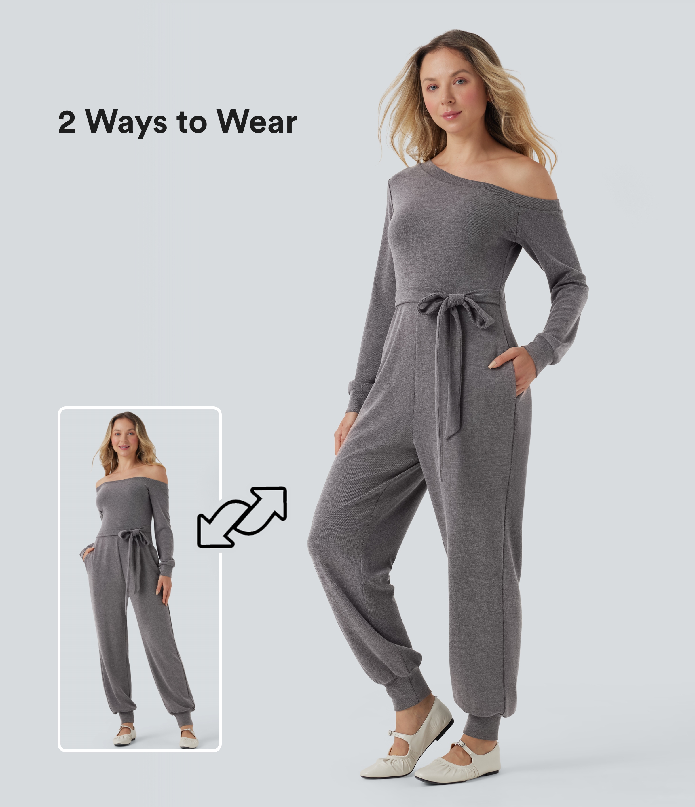 Off-Shoulder Long Sleeve Tie Casual Jumpsuit with Pockets