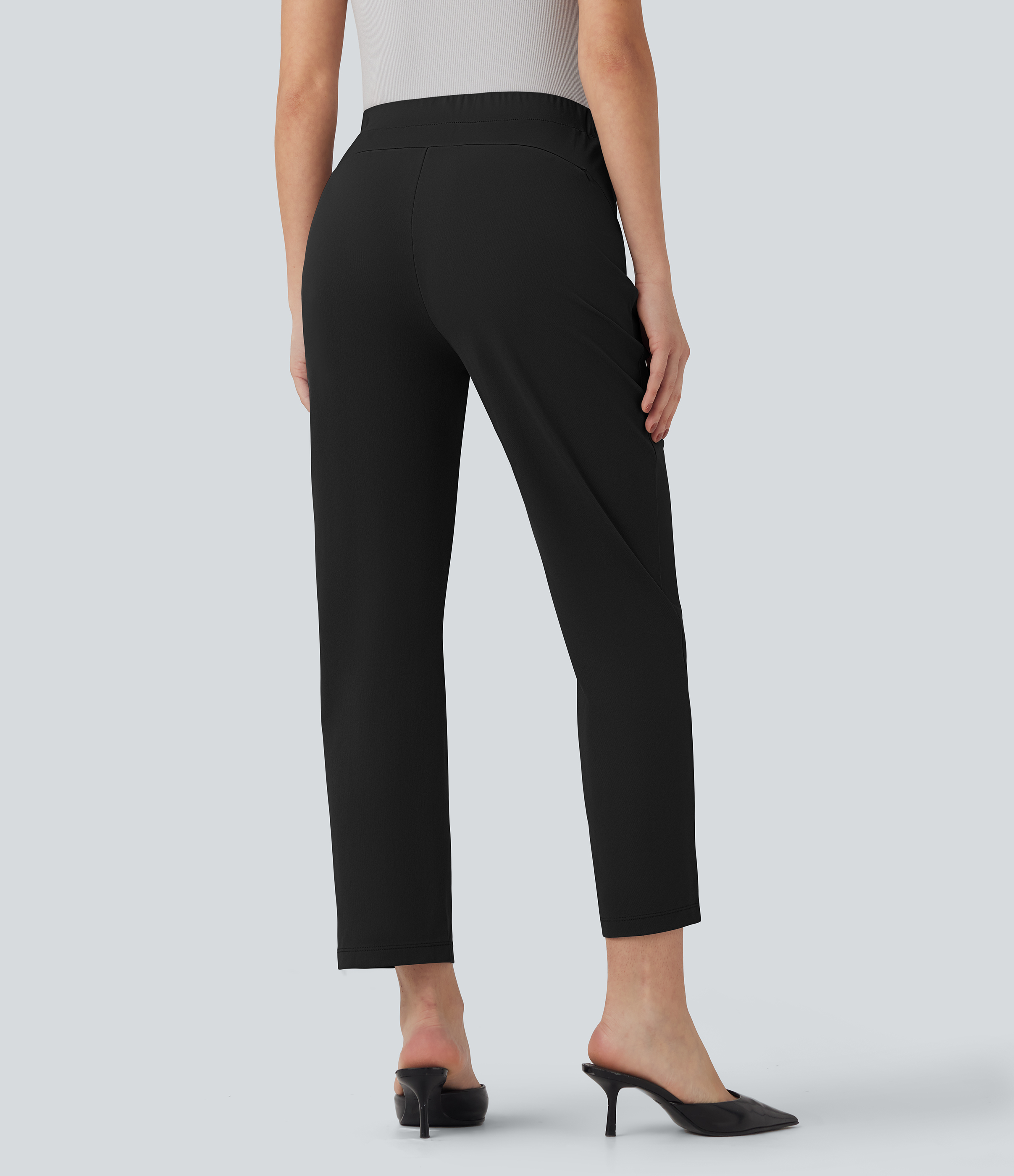 Negro Pantalones de oficina rectos de tiro alto en 7/8 con bolsillos / 2
