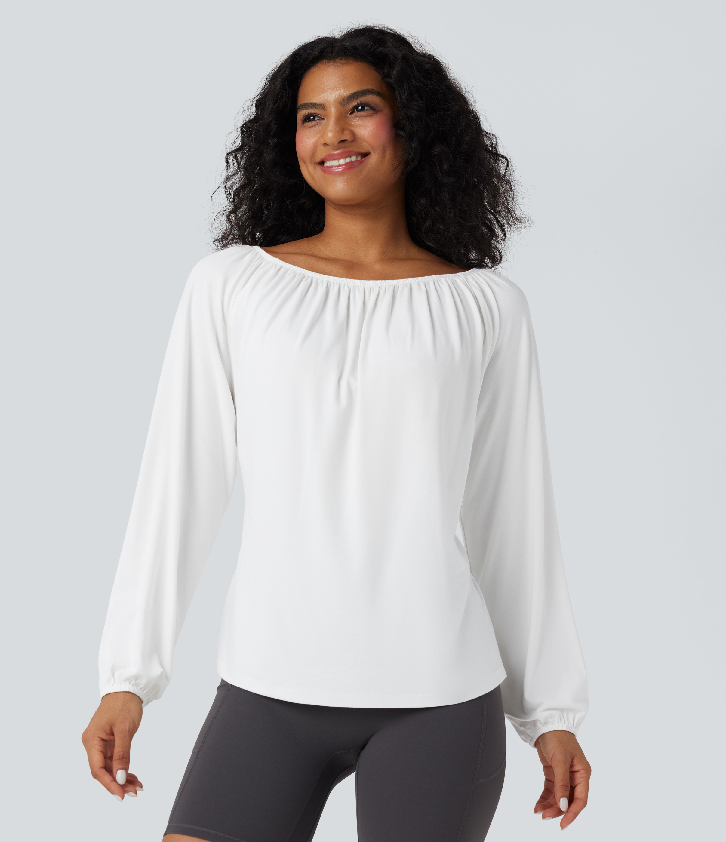 Blanco Top deportivo de yoga de manga larga con un solo hombro / 2