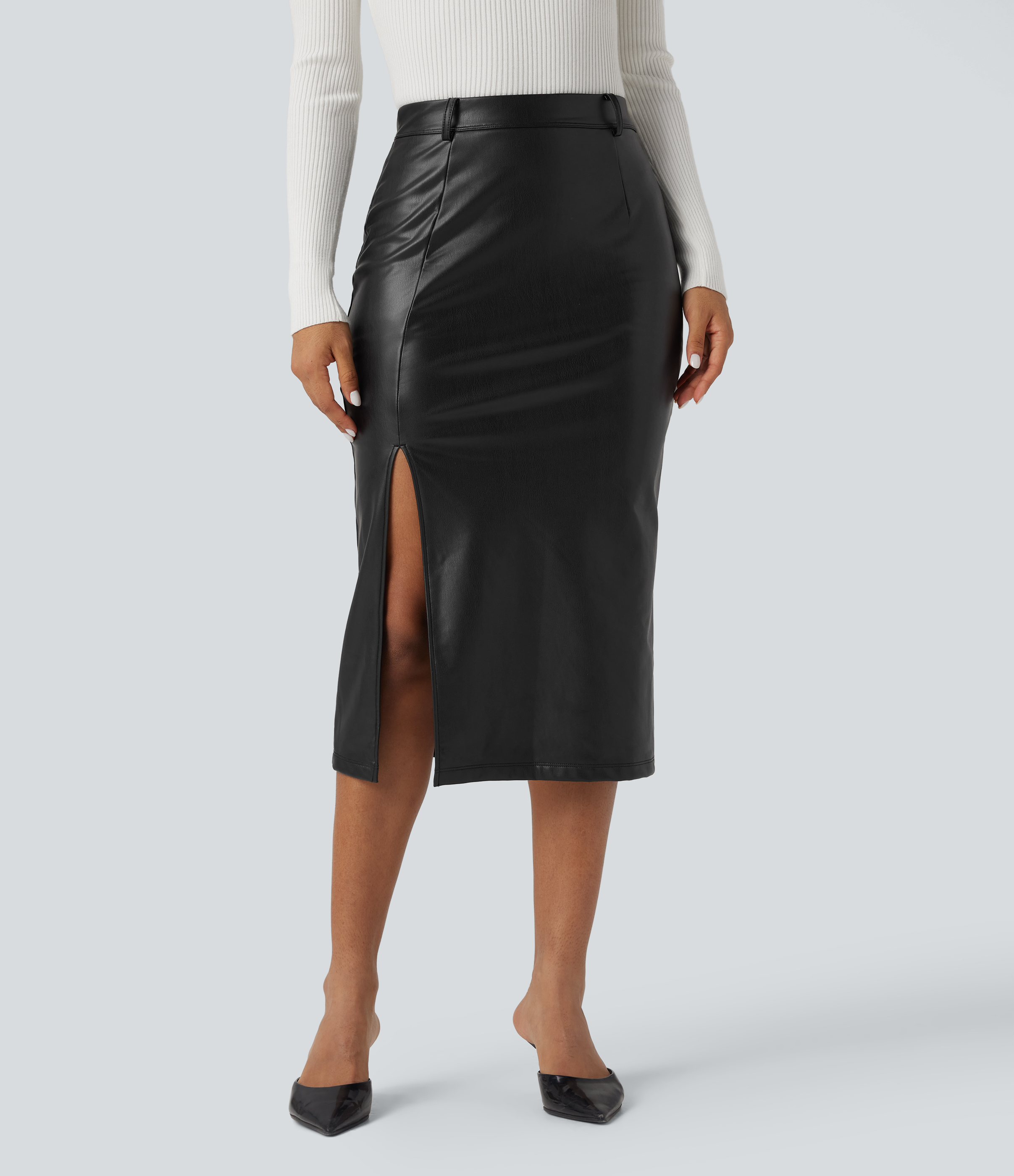 High Waisted Tummy Control 2-in-1 Midi Casual PU Leather Skirt