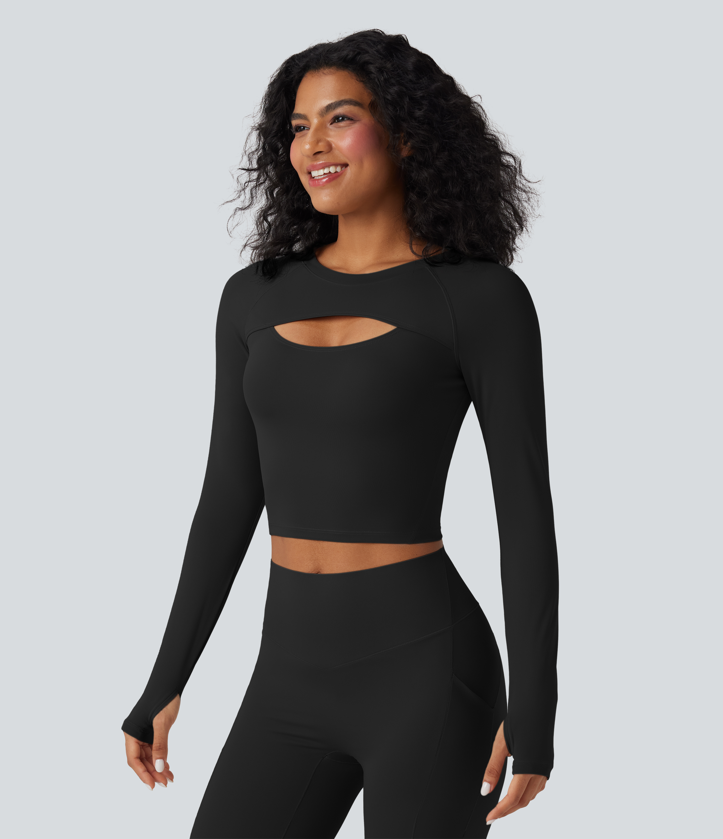 SoftlyZero™ QuickDry Cut Out Long Sleeve Thumb Hole Cropped Yoga Sports Top