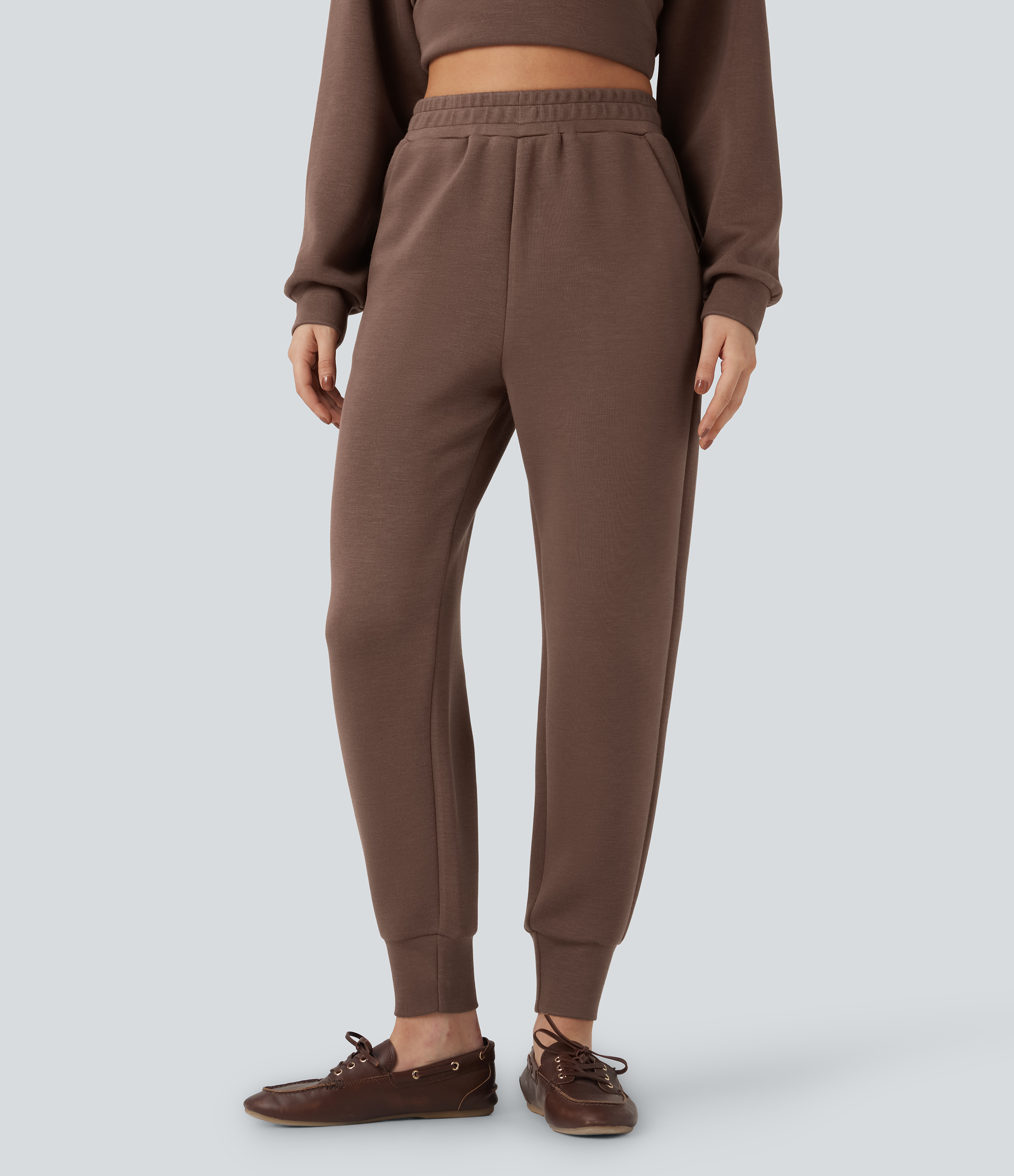 Cocoa Brown SpacerTek™ High Waisted Tapered Casual Joggers with Pockets / 2