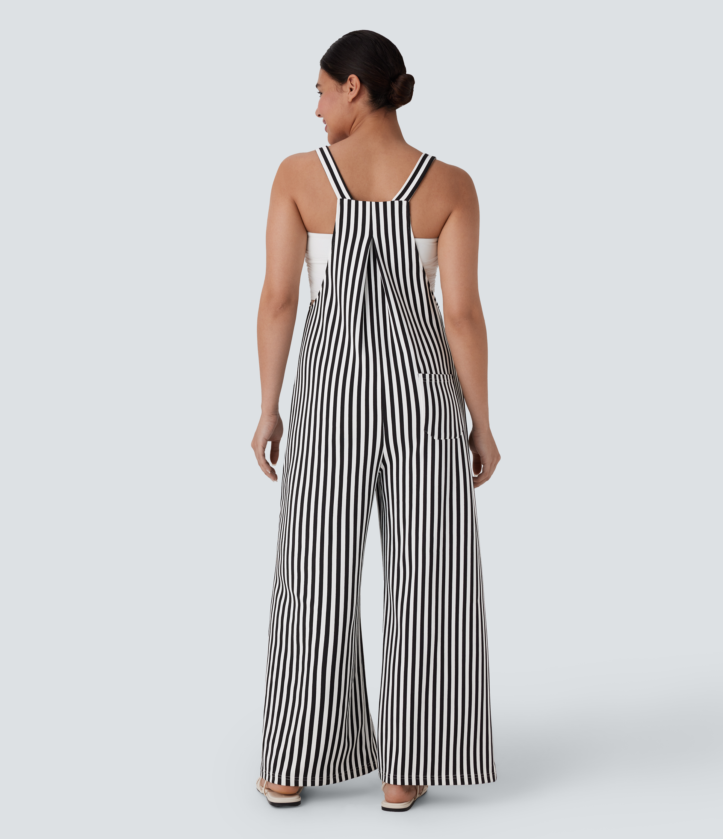 Black White Horizontal Stripe Overol resort gofre raya múltiple bolsillo botón correa ajustable / 2