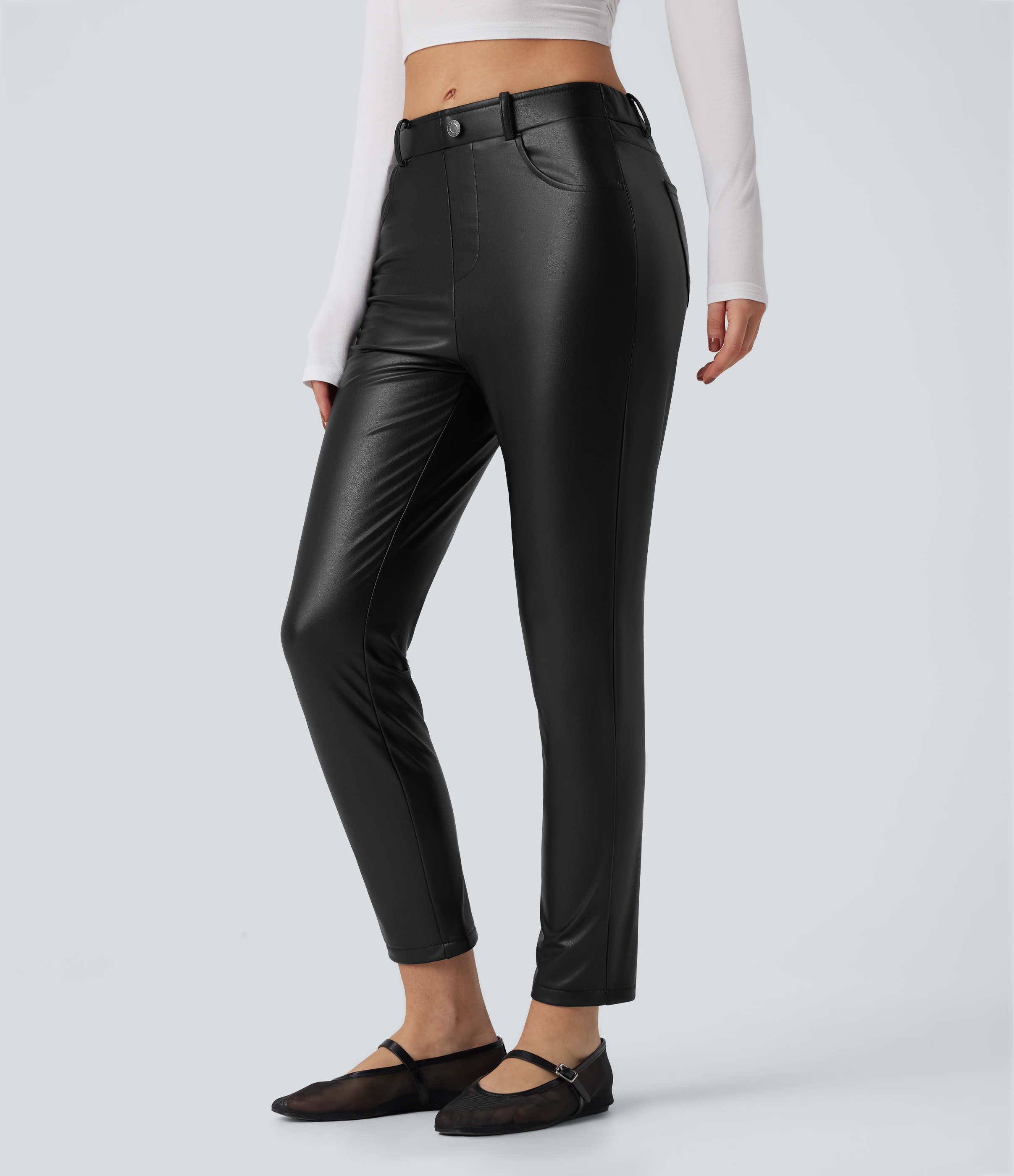 Black Mid Rise Stretchy PU Faux Leather Fleece 7/8 Casual Tapered Trousers with Pockets / 2