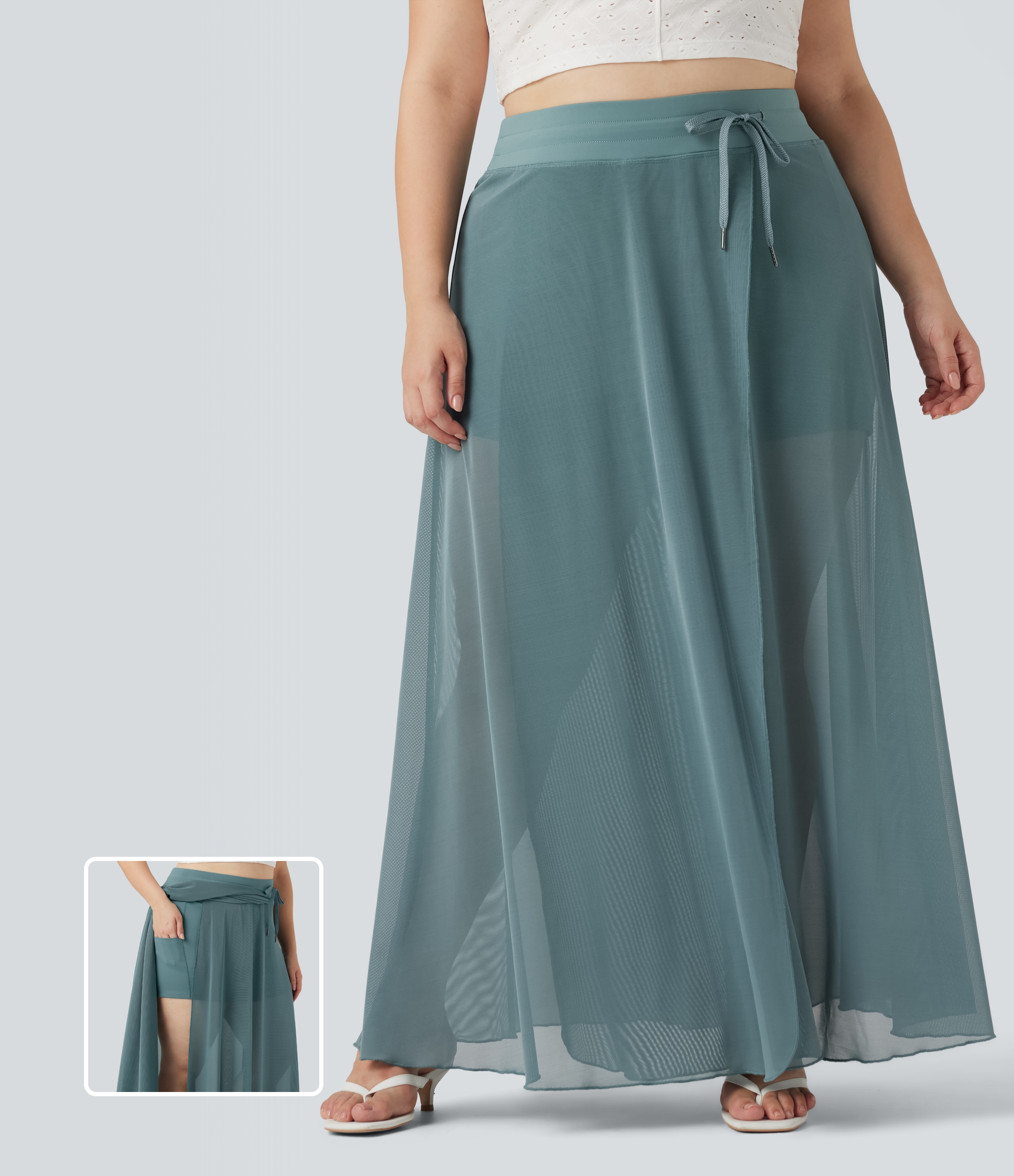Mineral Blue Falda larga holgada 2 en 1 de malla en contraste con tiro alto y cordón ajustable con bolsillos para tallas grandes / 1