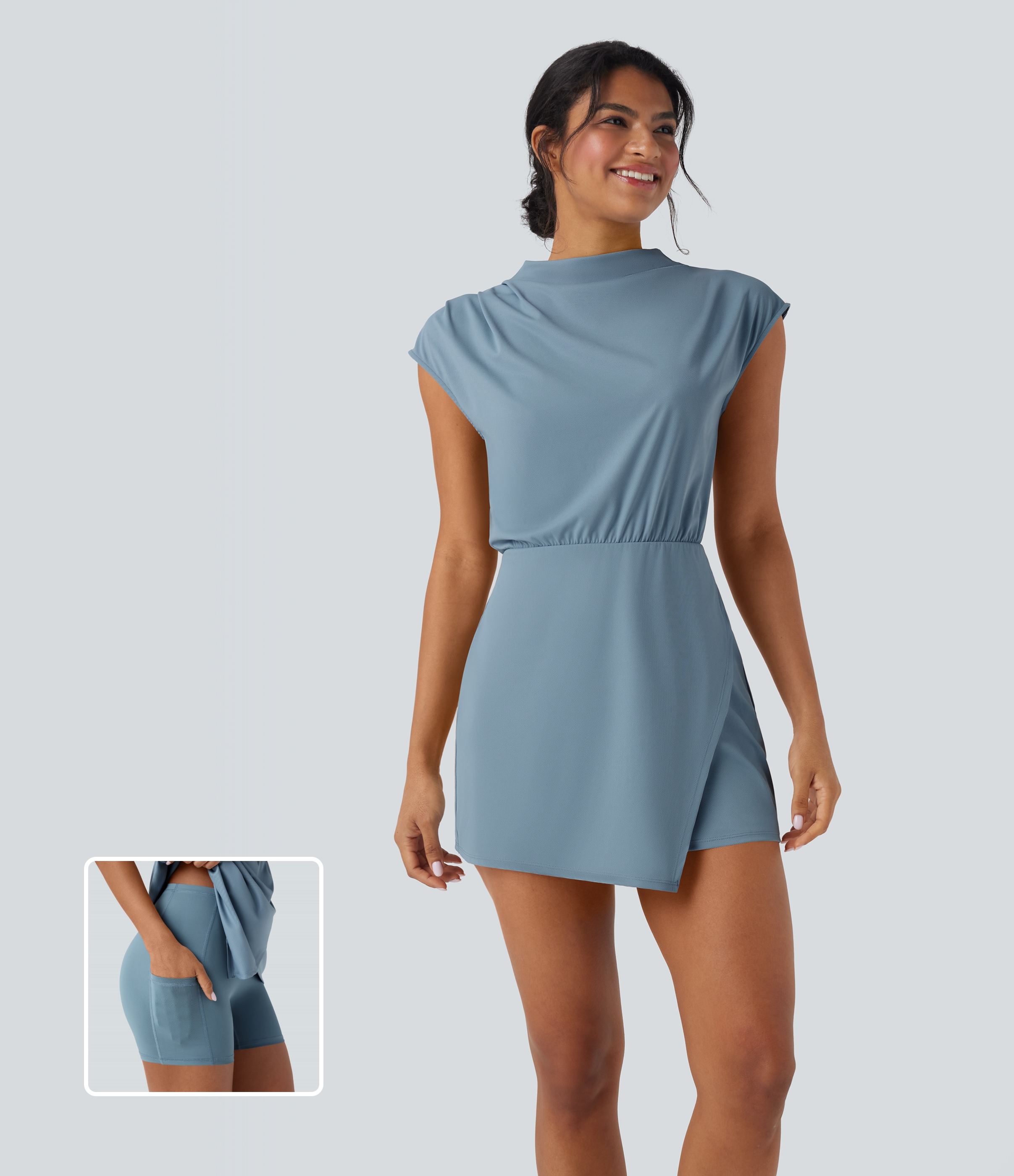 2-piece short work dress with high neck, short sleeves, quick-drying with pocket - UPF40+