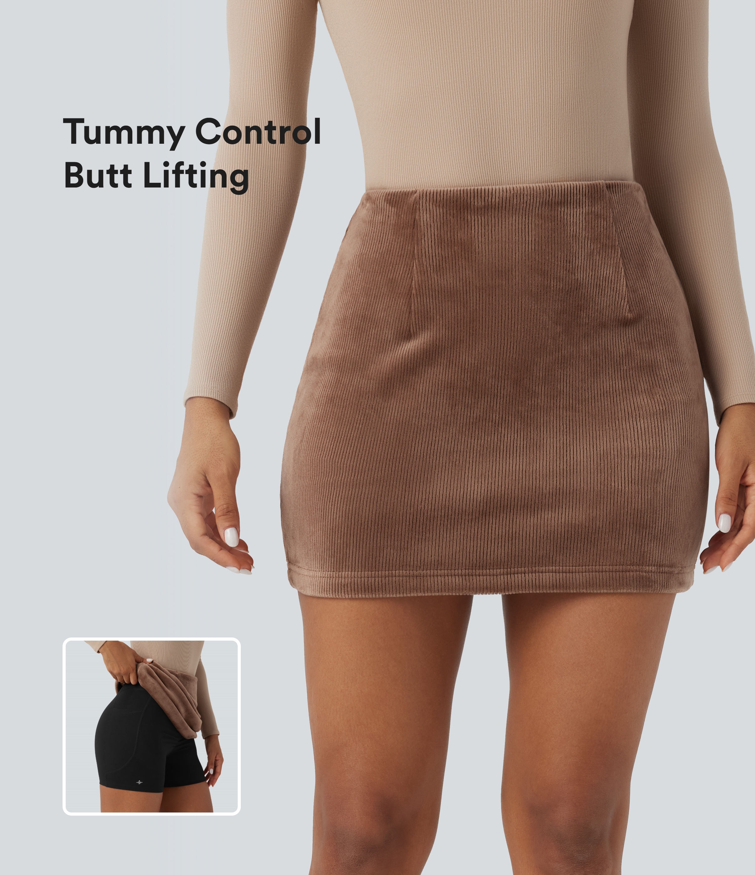 Pecan Pie High-waisted corduroy mini skirt with side pockets, tummy control, and butt-lifting effect / 1