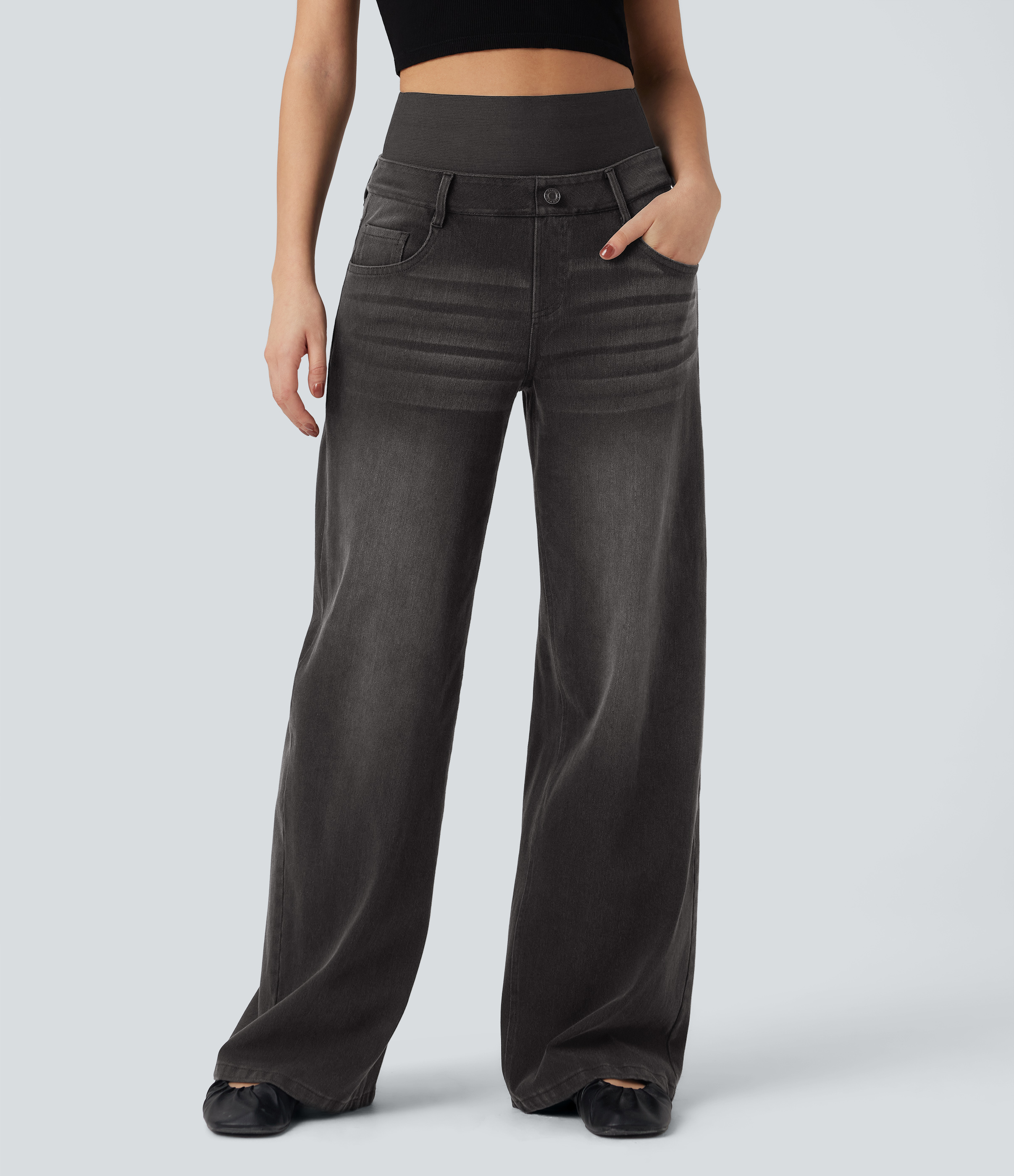 Phantom Denim Jean large délavé Halara Flex™ taille haute gainant avec poches / 1