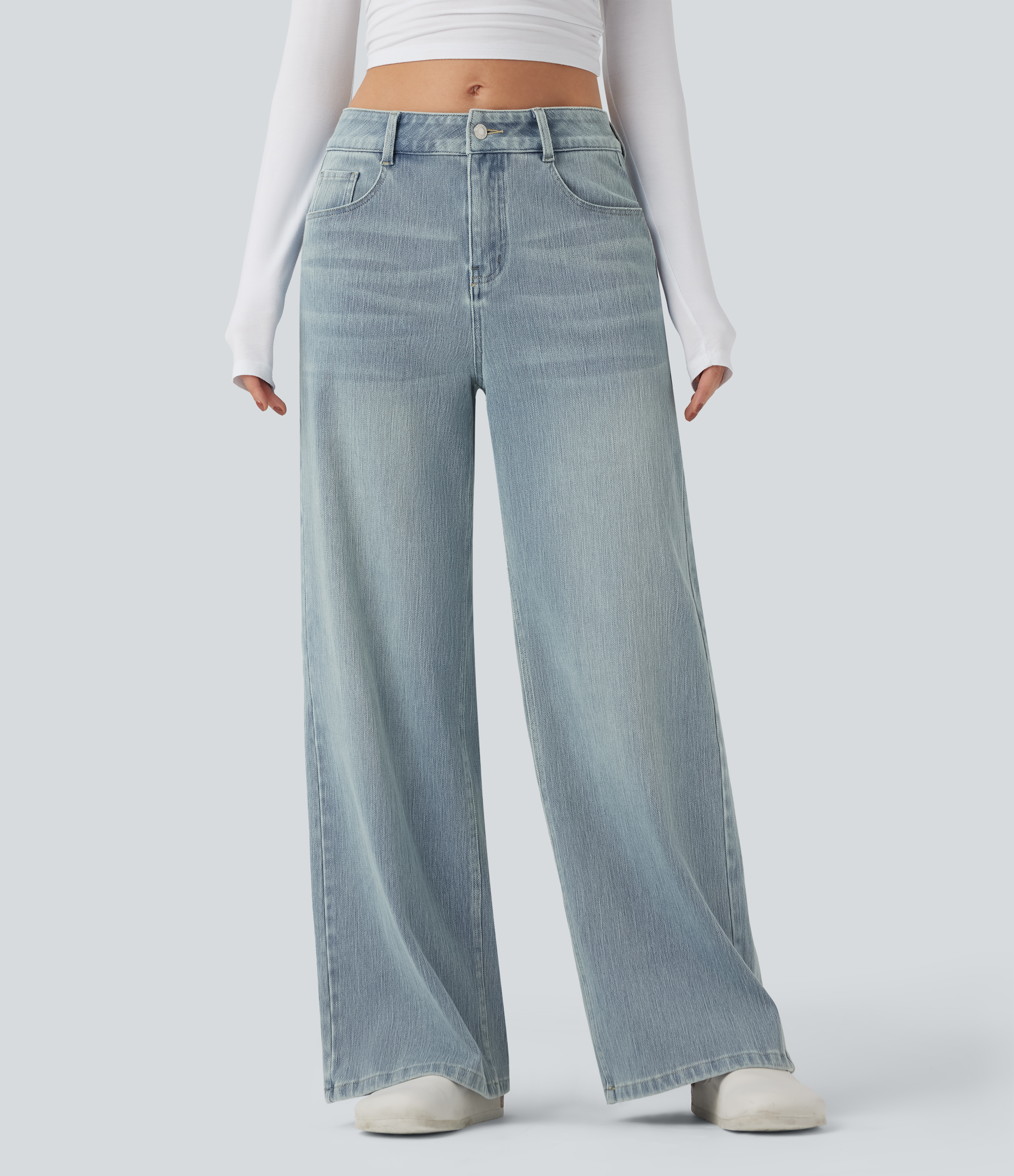 Baltic Sea Blue Denim Halara Flex™ Mid Rise Wide Leg Washed Casual Jeans with Pockets / 1