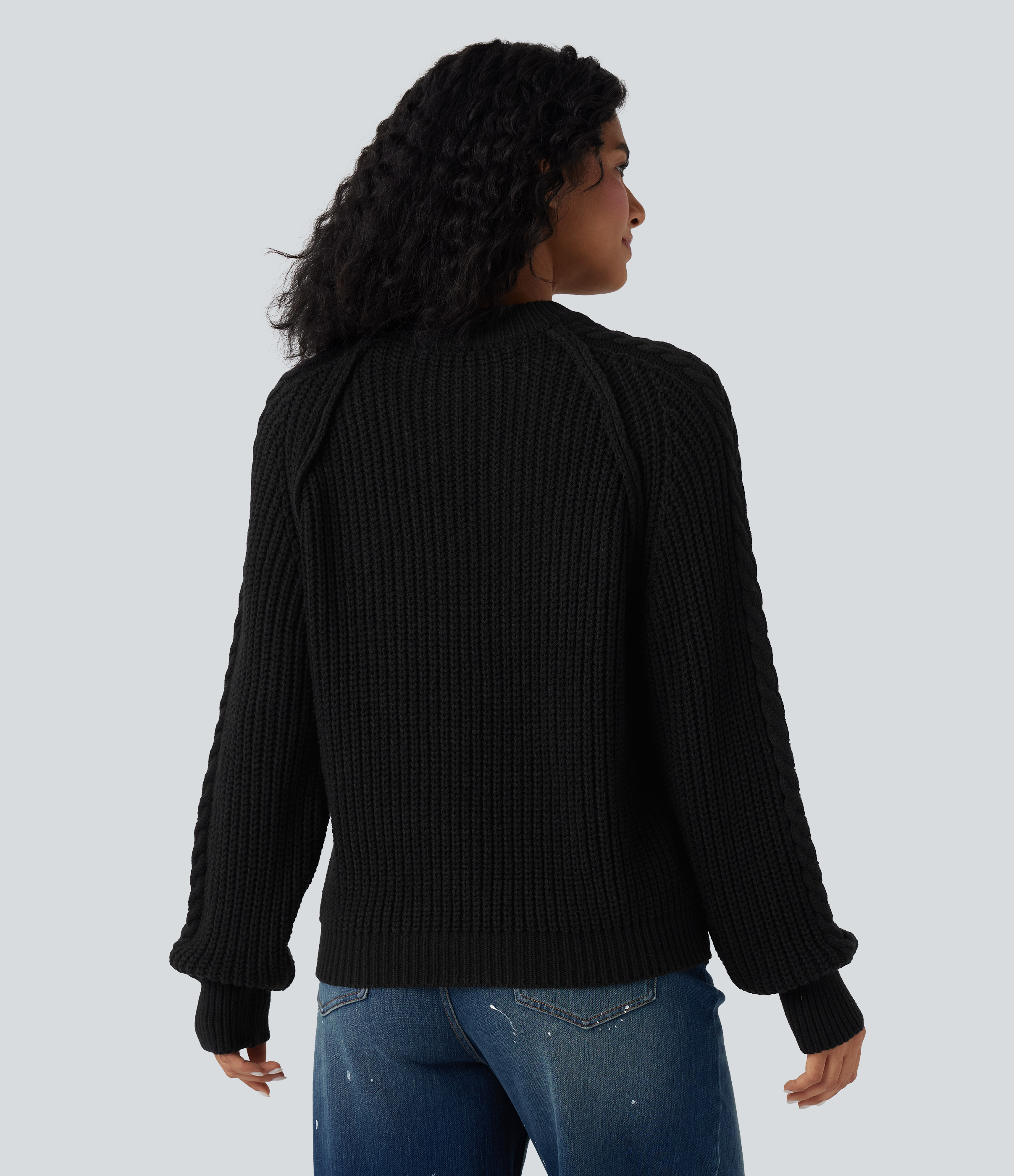 Black Round Neck Raglan Long Sleeve Relaxed Cable Knit Casual Jumper / 2