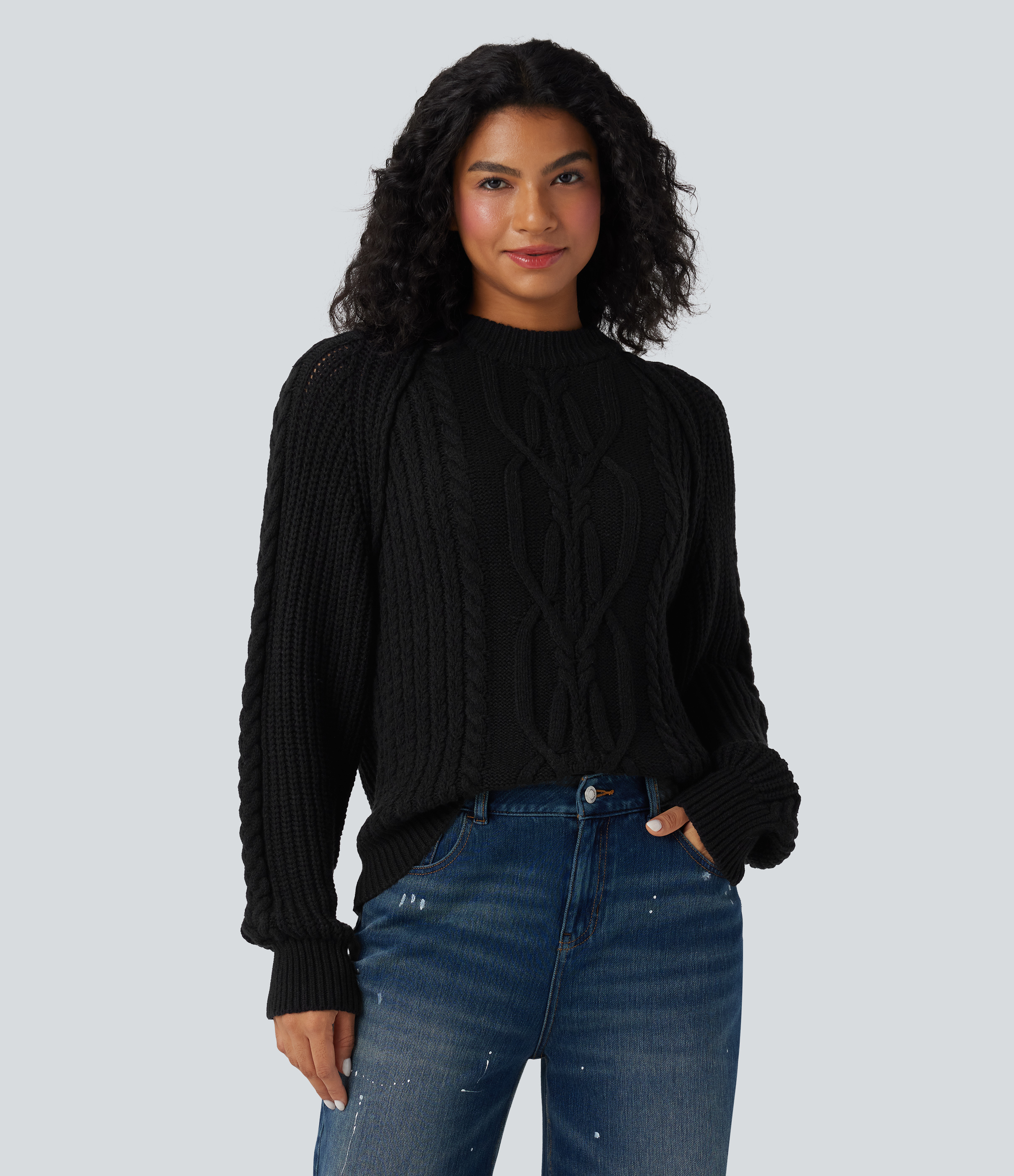 Black Round Neck Raglan Long Sleeve Relaxed Cable Knit Casual Jumper / 1
