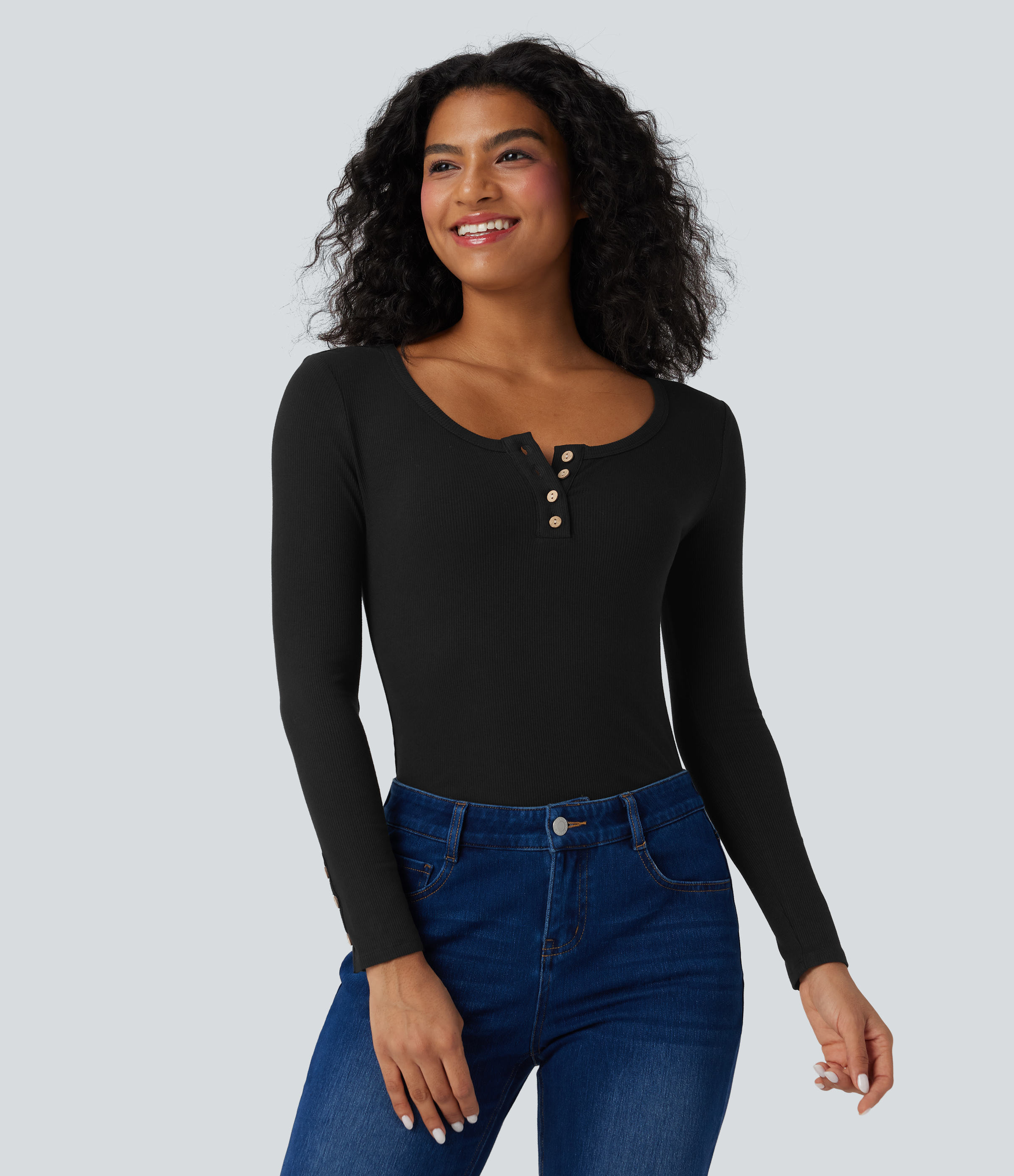 Black Ribbed Knit Henley Long Sleeve Slim Casual Top / 1
