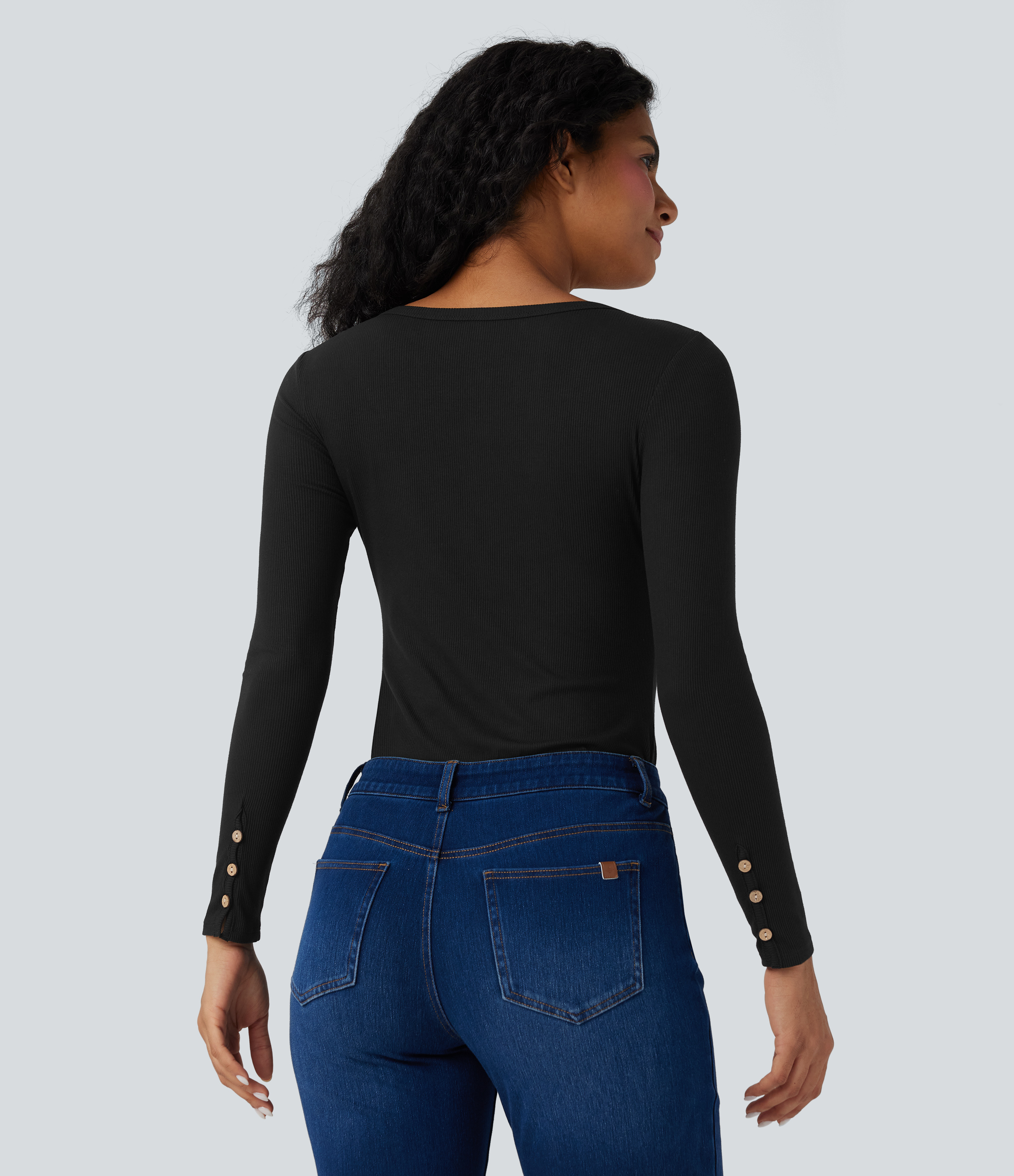 Black Ribbed Knit Henley Long Sleeve Slim Casual Top / 2