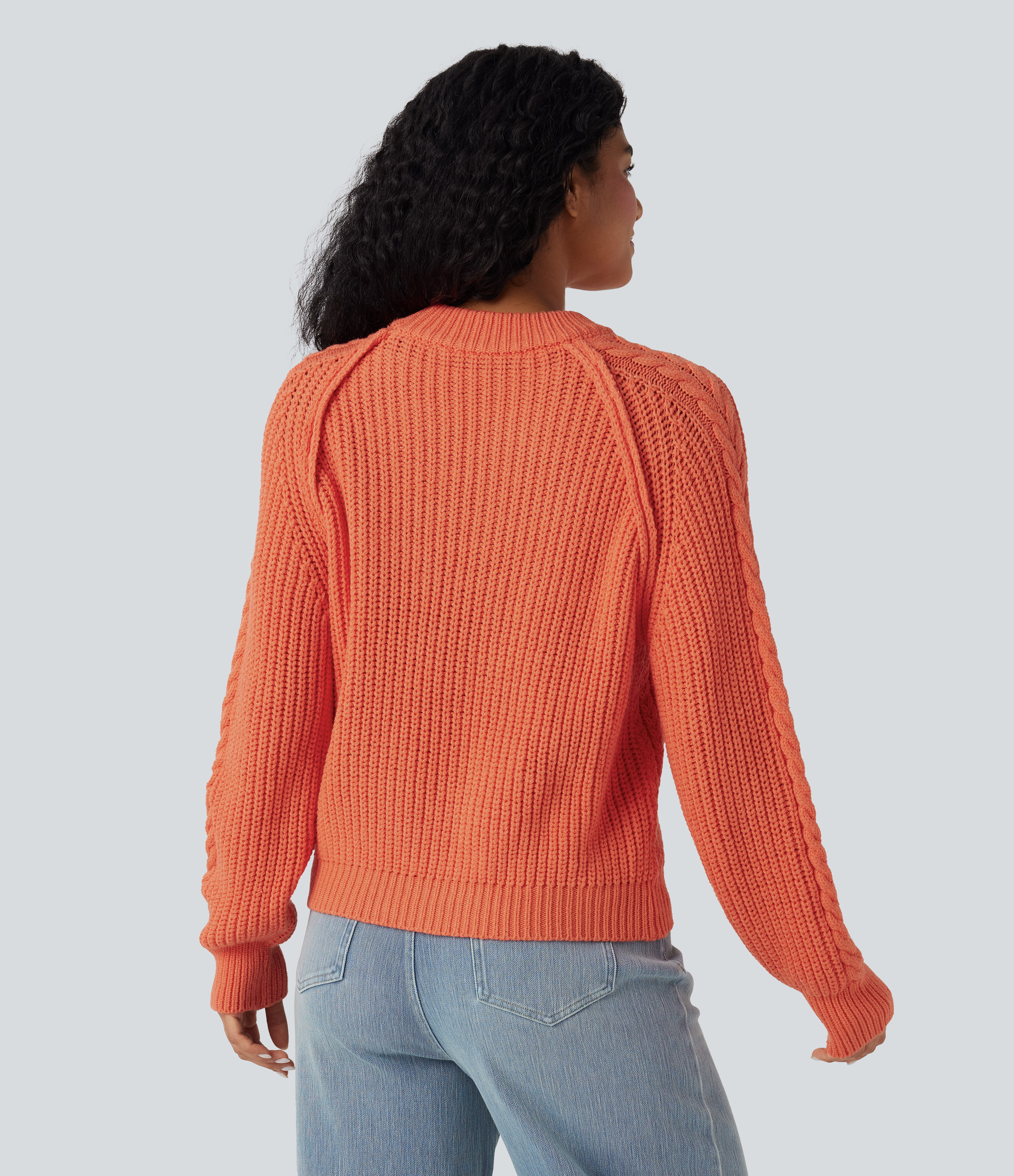 Pastel Red Suéter casual de punto trenzado holgado con cuello redondo y manga larga raglán / 2