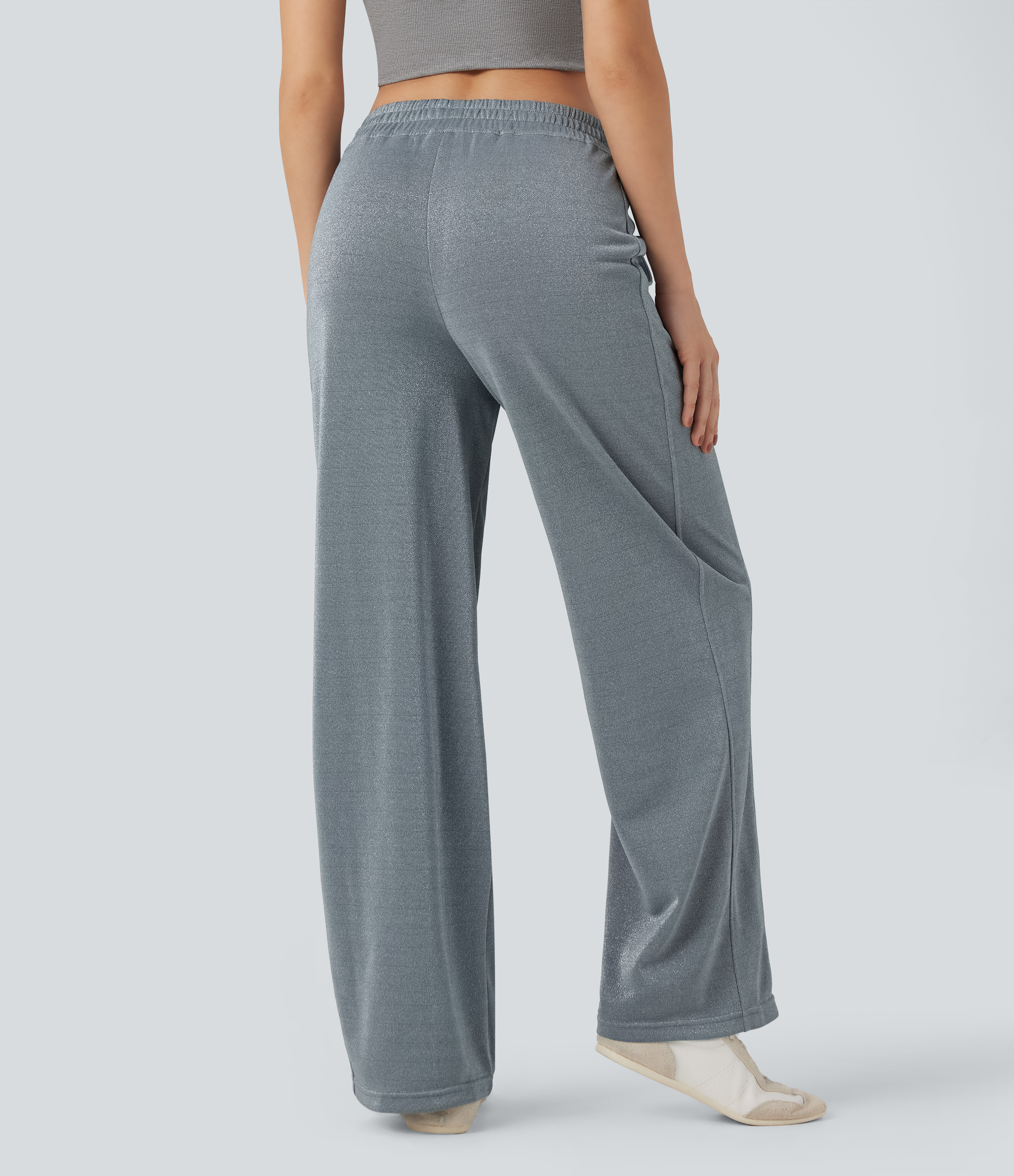 Steel Heather Pantalones casuales rectos metalizados de tiro alto con bolsillos / 2