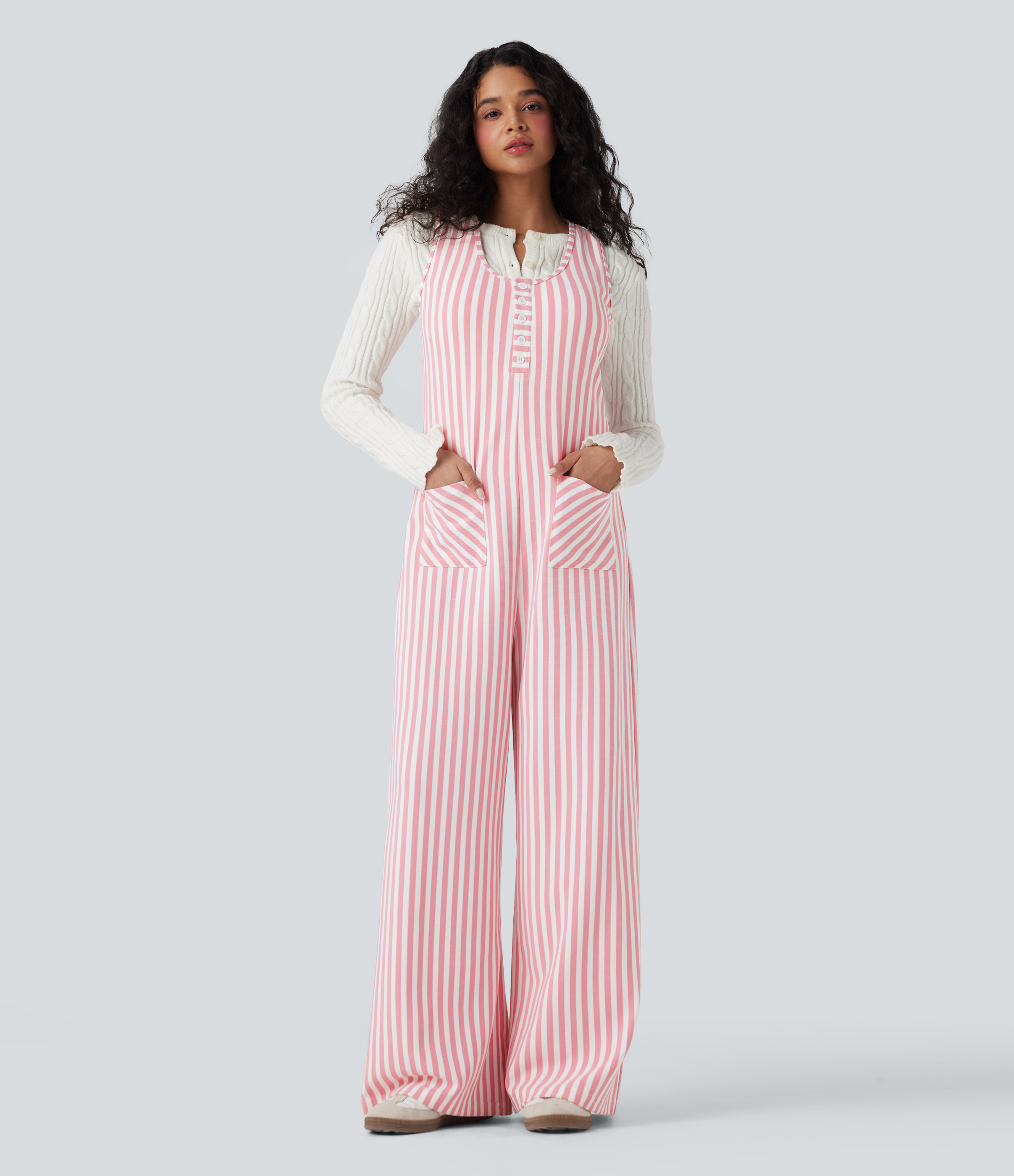 Pink Stripe Combinaison décontractée tissu gaufré rayé col en U sans manches avec poches / 1