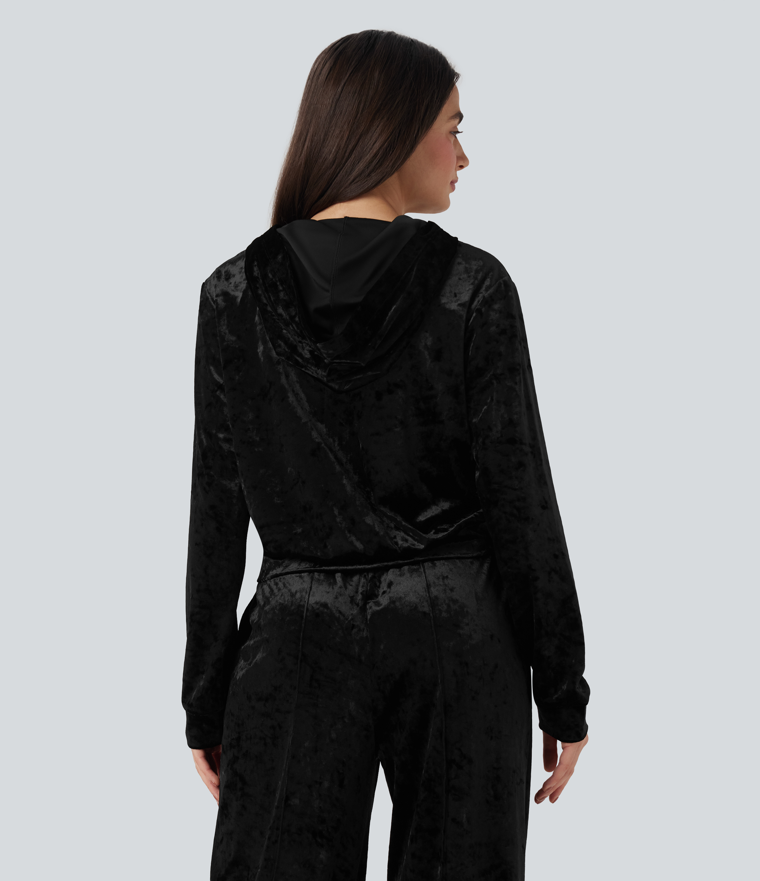 Black Velvet Hooded Zip Fly Long Sleeve Casual Sweatshirt with Pockets / 2