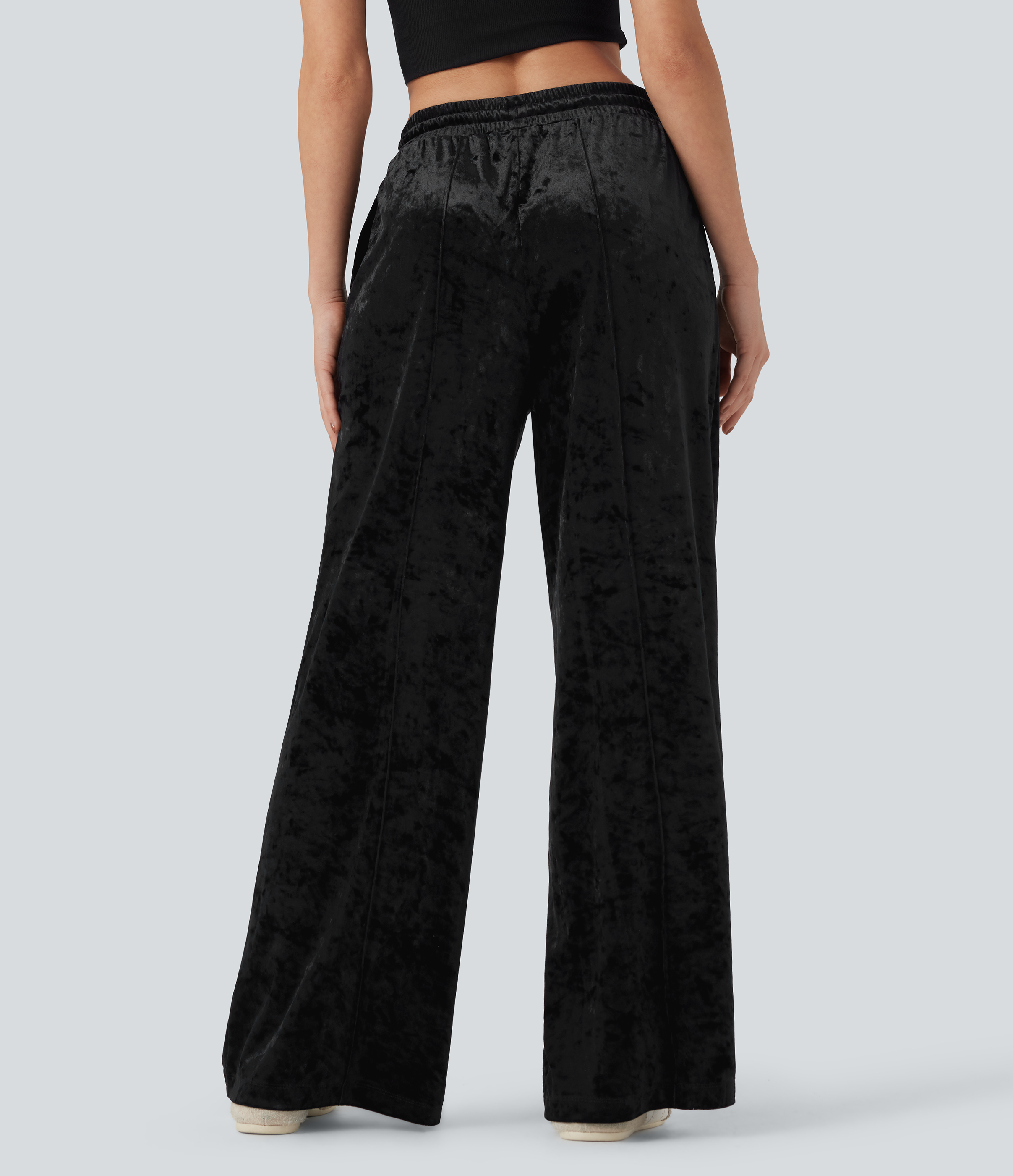 Black Pantalones casuales anchos de terciopelo con tiro medio con cordón y bolsillos / 2
