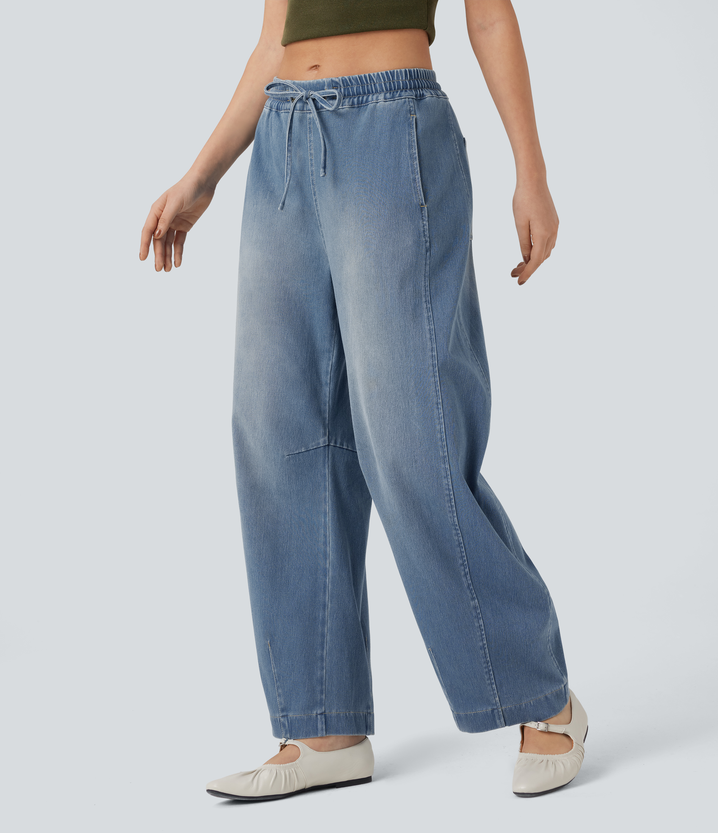 Halara Flex™ Mid Rise Drawstring Barrel Leg Washed Casual Baggy Sweatpants Jeans with Pockets