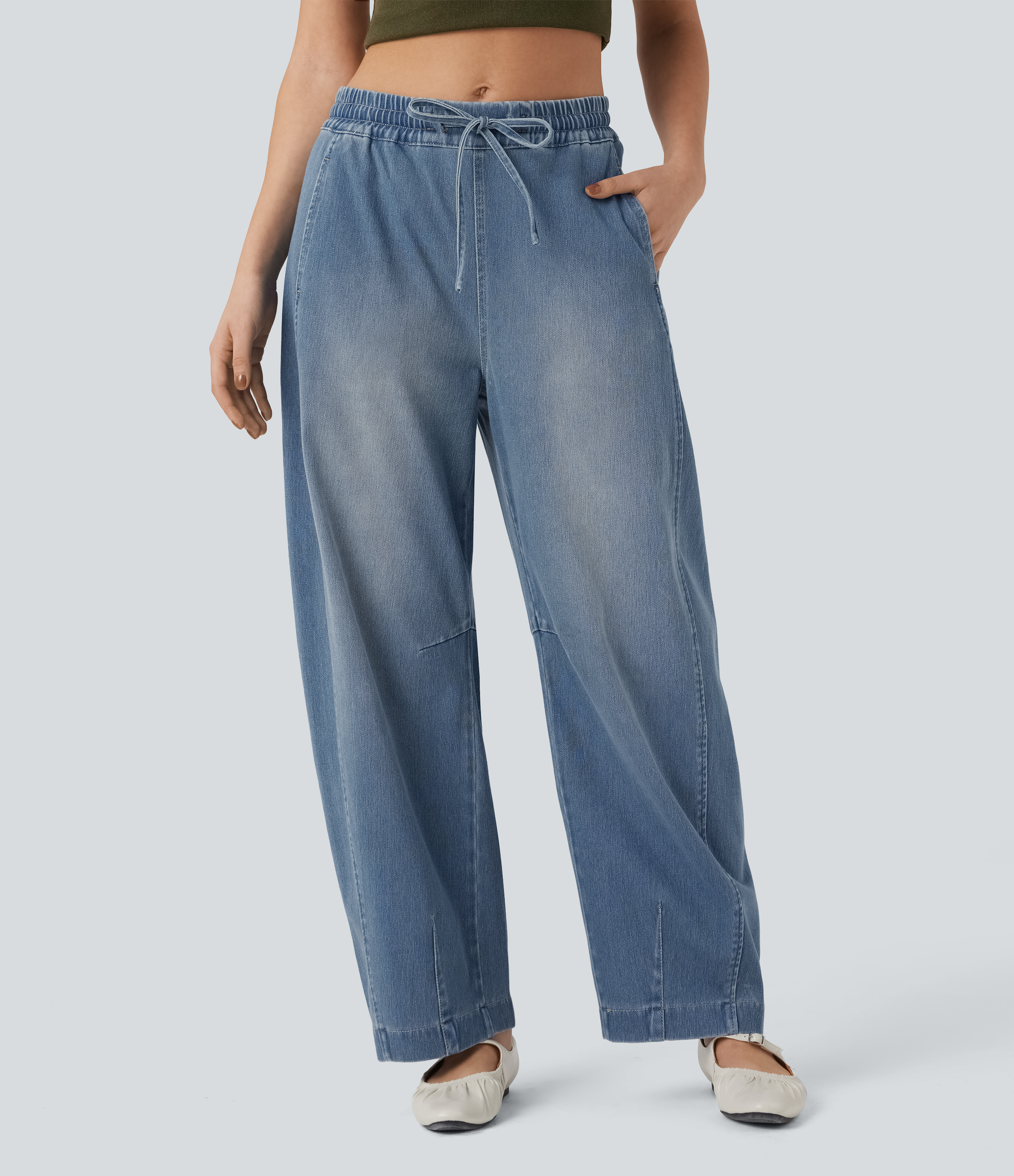 Jean jogging barrel Halara Flex™ molleton français délavé jambe ballon taille mi-haute avec cordon de serrage et poches