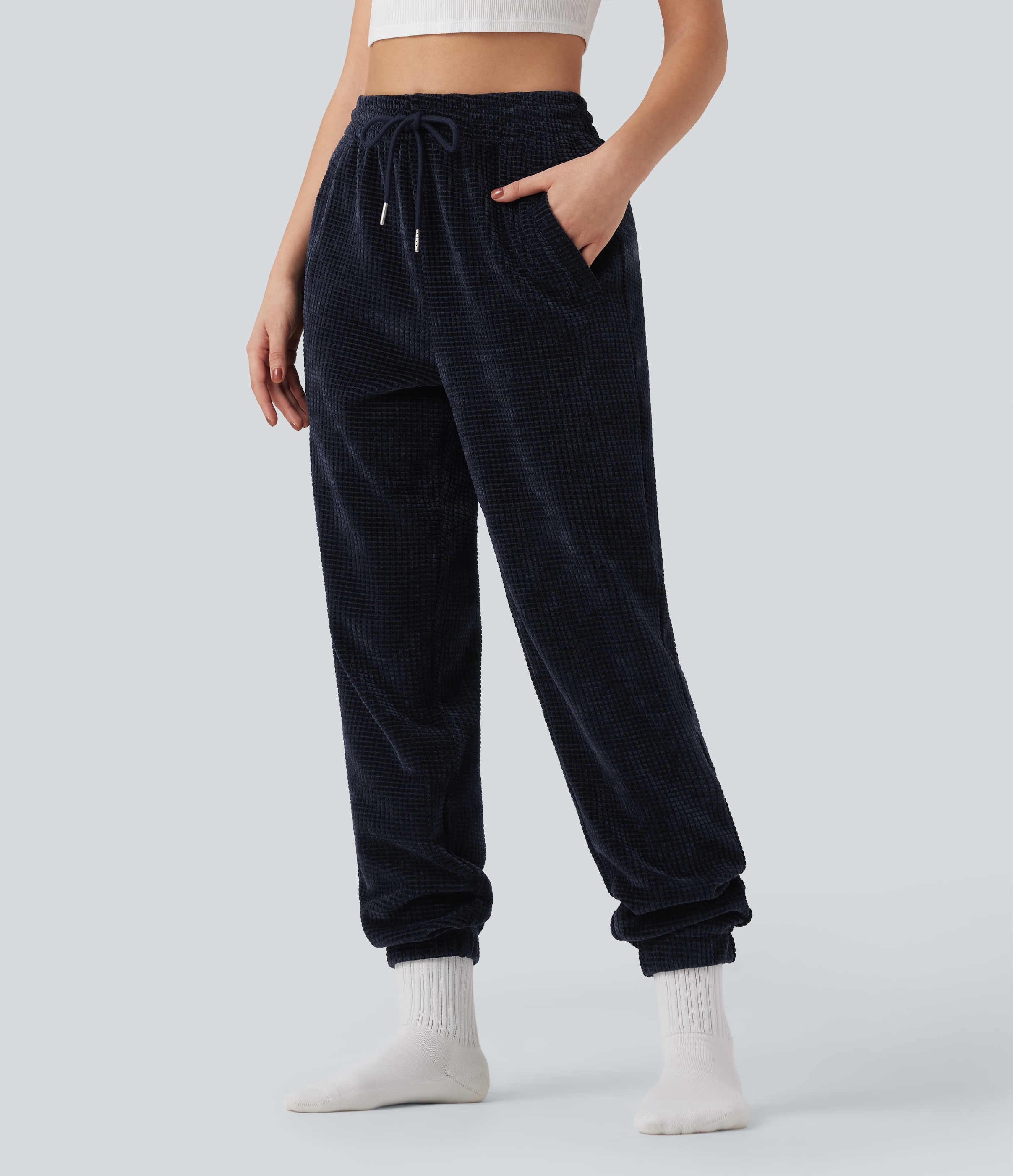 High Waisted Drawstring Chenille Waffle Casual Joggers with Pockets