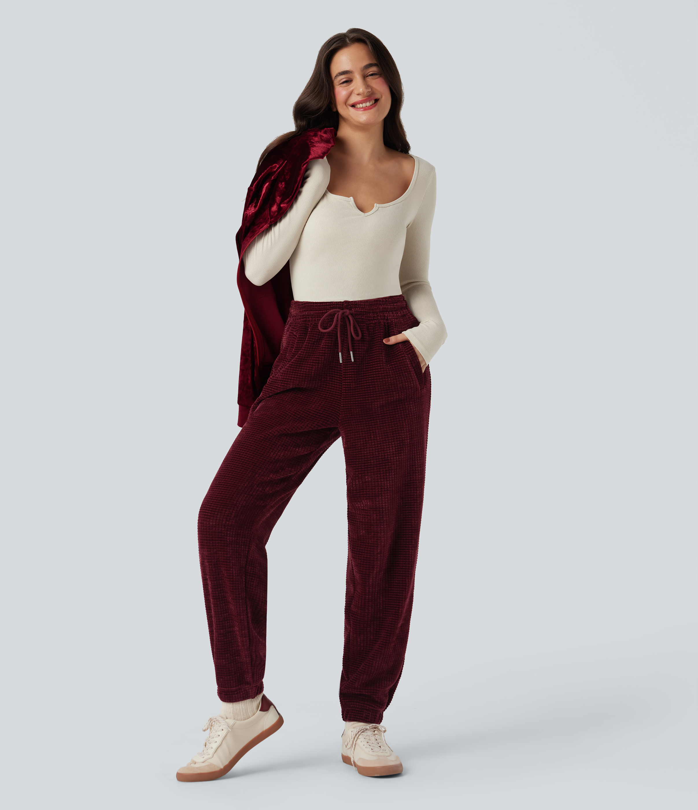 Tawny Port High Waisted Drawstring Chenille Waffle Casual Joggers with Pockets / 2