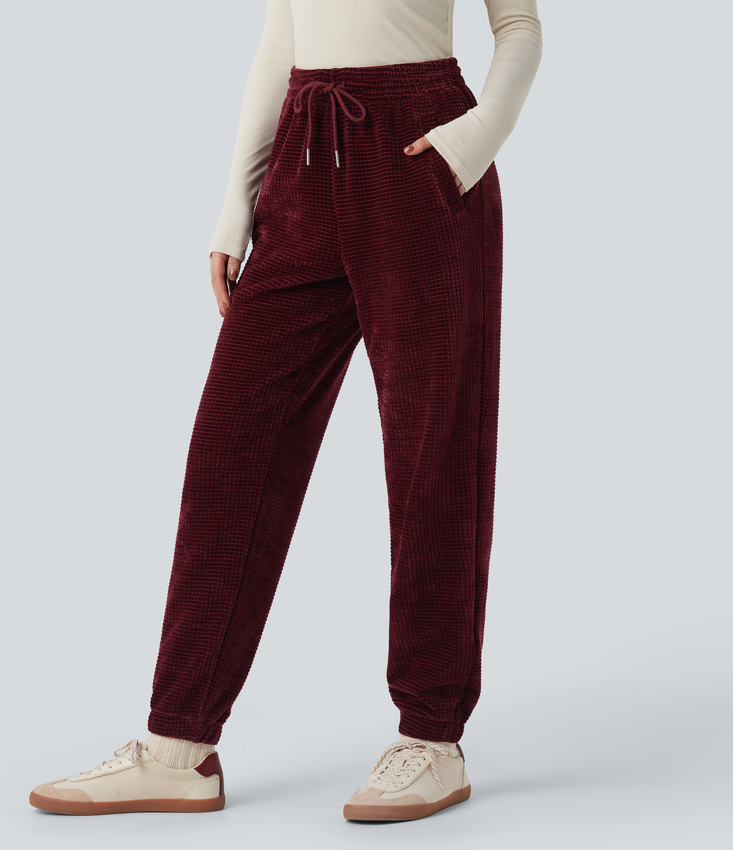 Tawny Port High Waisted Drawstring Chenille Waffle Casual Joggers with Pockets / 1