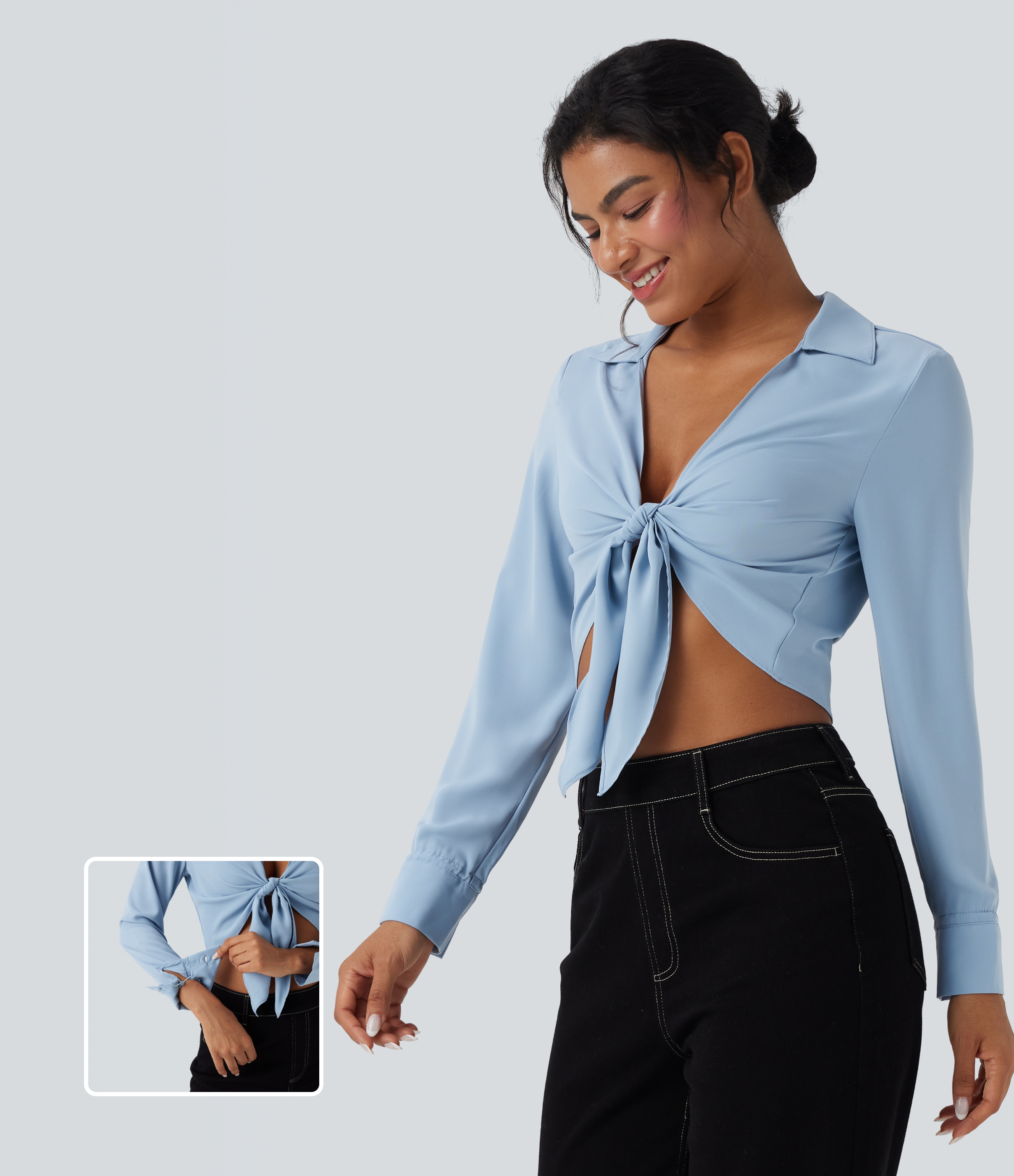 Skyride Vorne gebundene Langarm-Crop-Bluse im Casual-Stil / 1