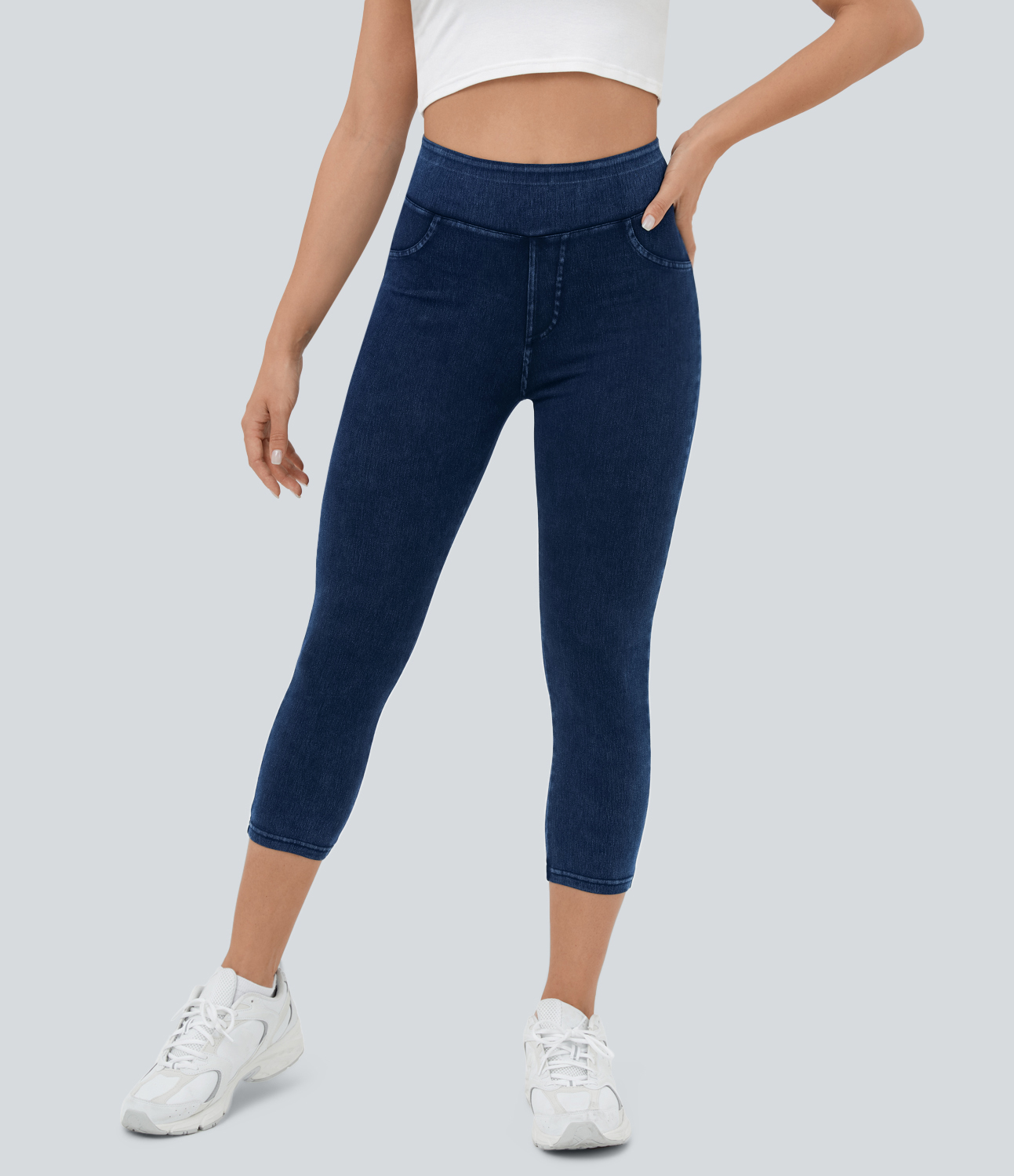 Midnight Blue Denim Halara Flex™ 하이웨이스트 뒷주머니 신축성 있는 니트 데님 7,8부 캐주얼 레깅스 / 2