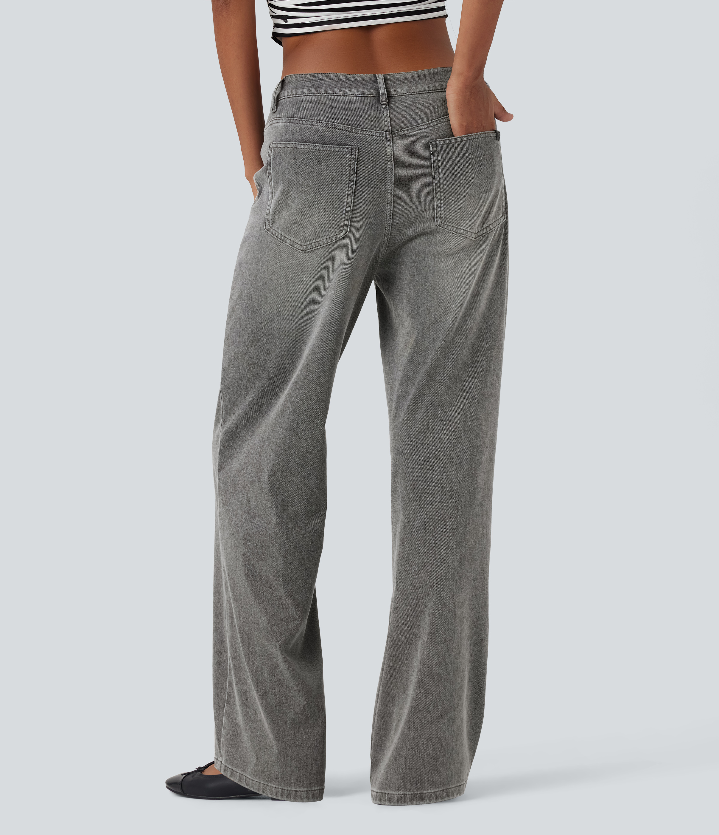 Cool Gray Denim Jeans casuales Halara Flex™ de tiro medio de pierna recta y bolsillos / 2