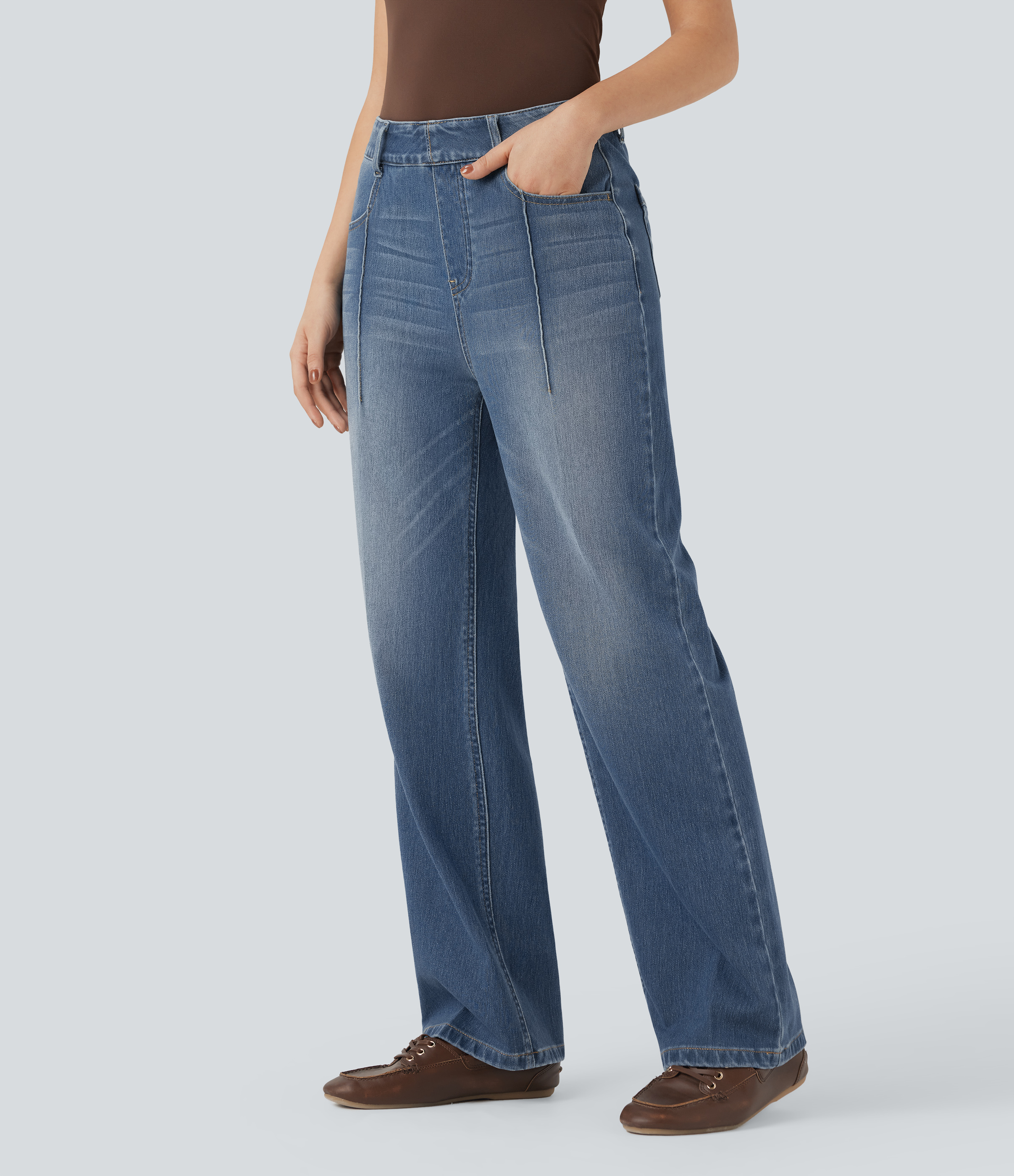  Blue Jasper Denim Halara Flex™ High Waisted Straight Leg Casual Jeans with Pockets / 1