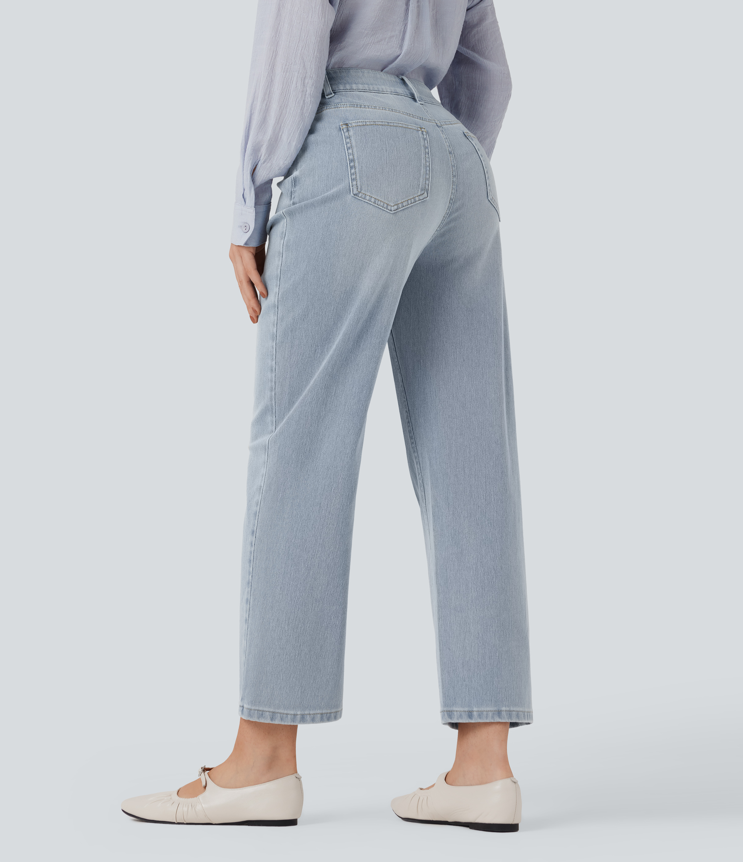 Baltic Sea Blue Denim Jeans casuales rectos Halara Flex™ de tiro alto lavado con bolsillos  / 2