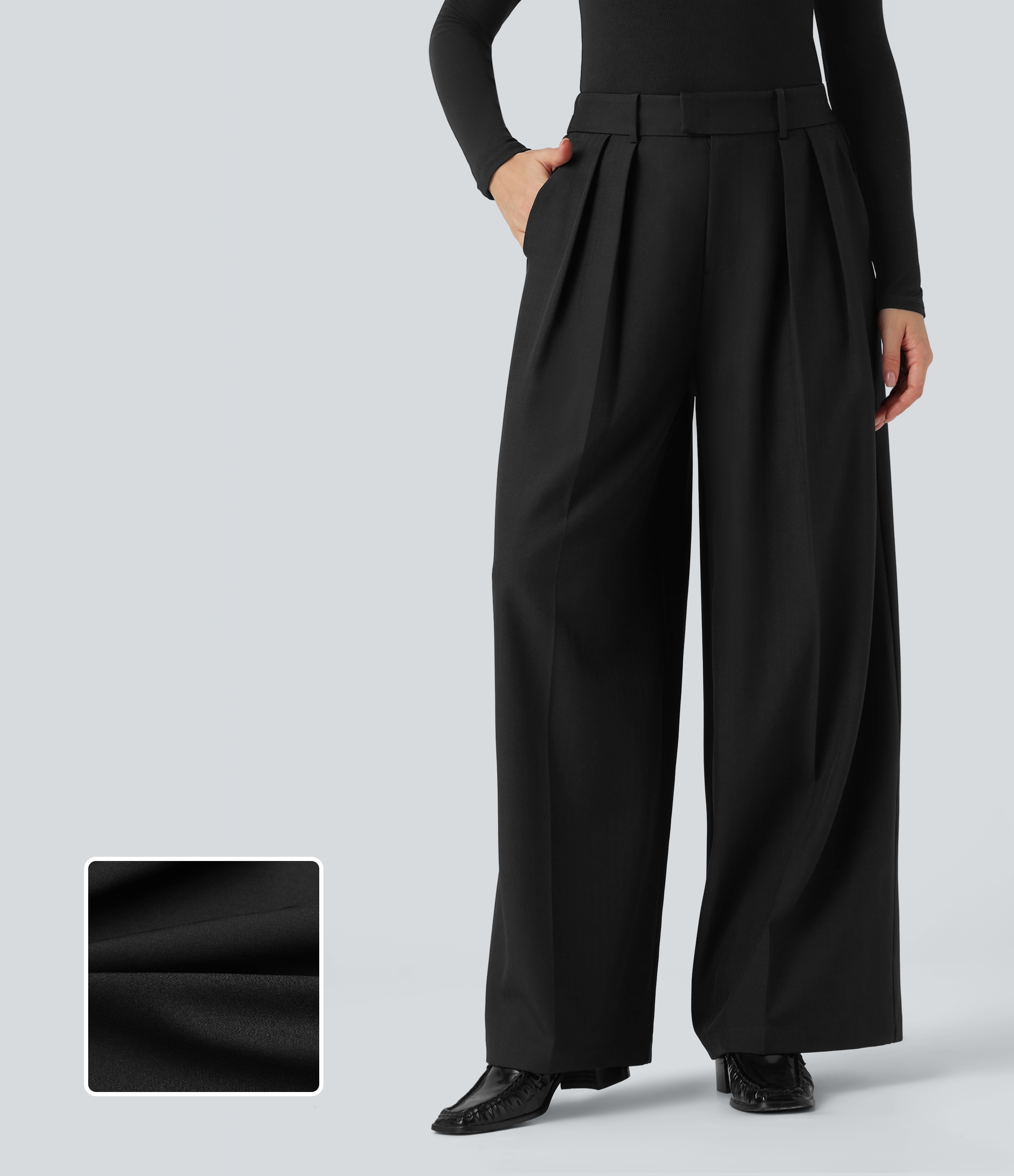 Noir Pantalon de travail anti-froissage, taille haute, coupe large, aspect lin et poches / 1