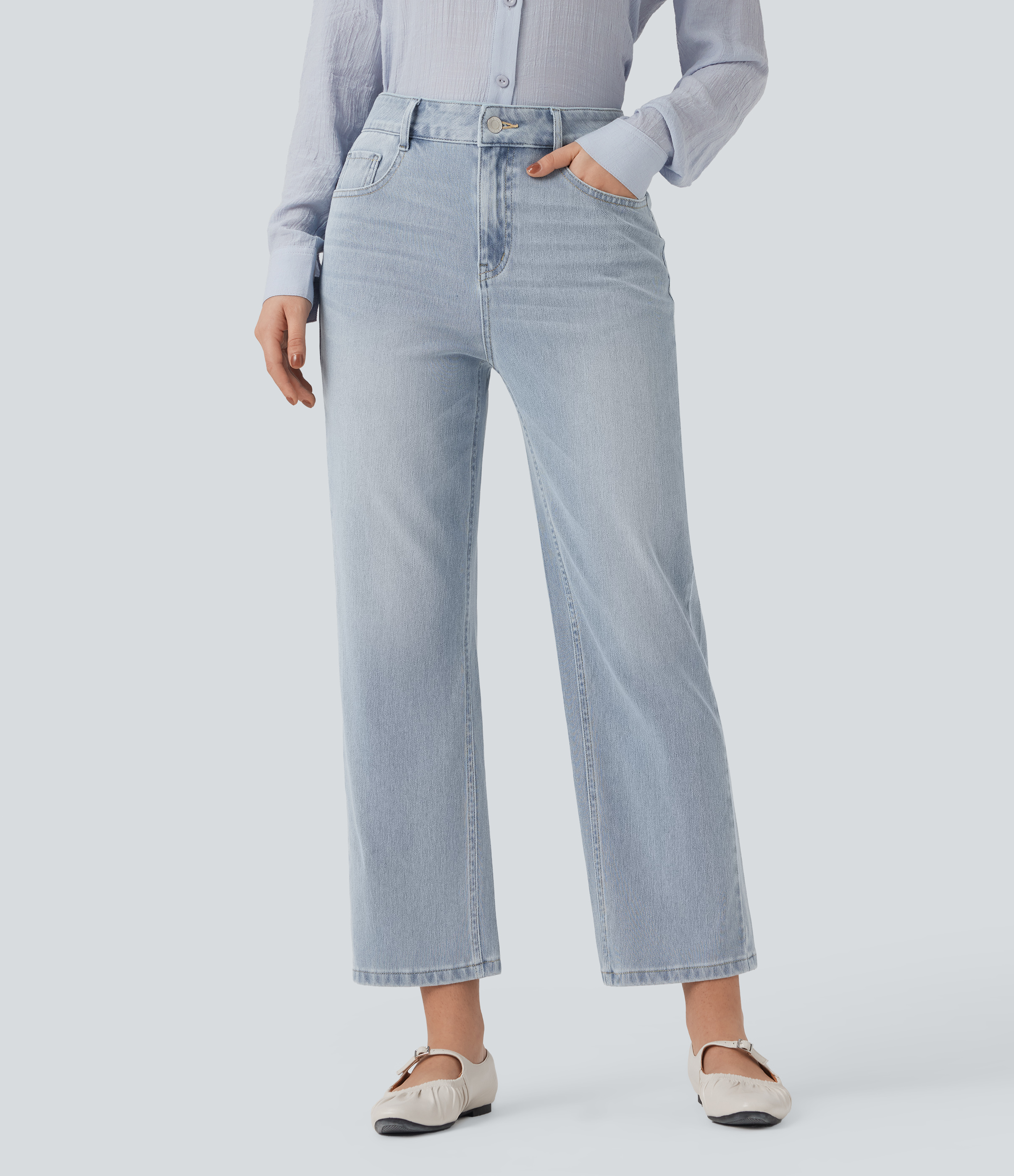 Baltic Sea Blue Denim Jeans casuales rectos Halara Flex™ de tiro alto lavado con bolsillos  / 1