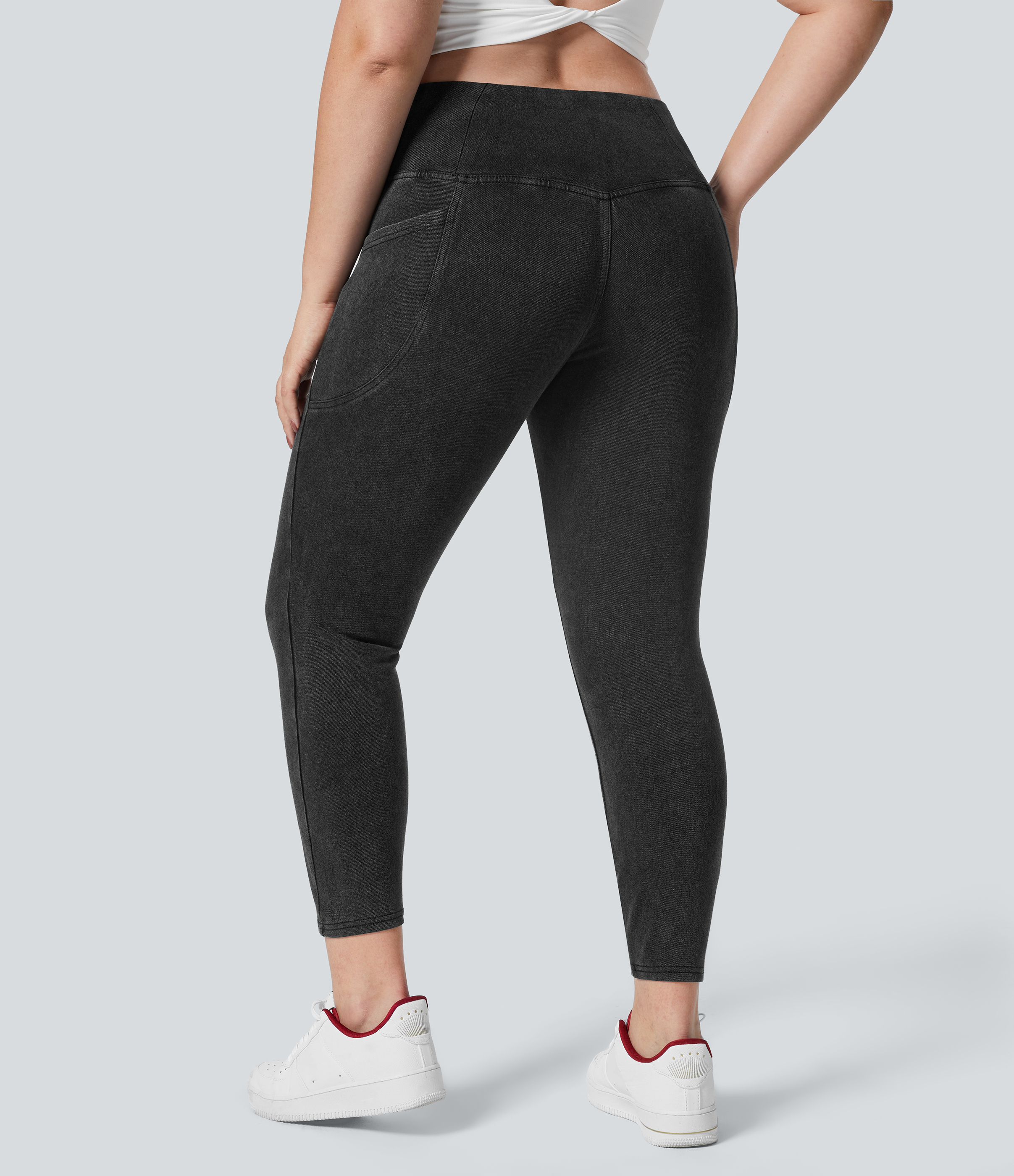 Hemp Rope Black Denim Halara Flex™ leggings plus size de trabalho em denim lavado com bolso transpassado / 2