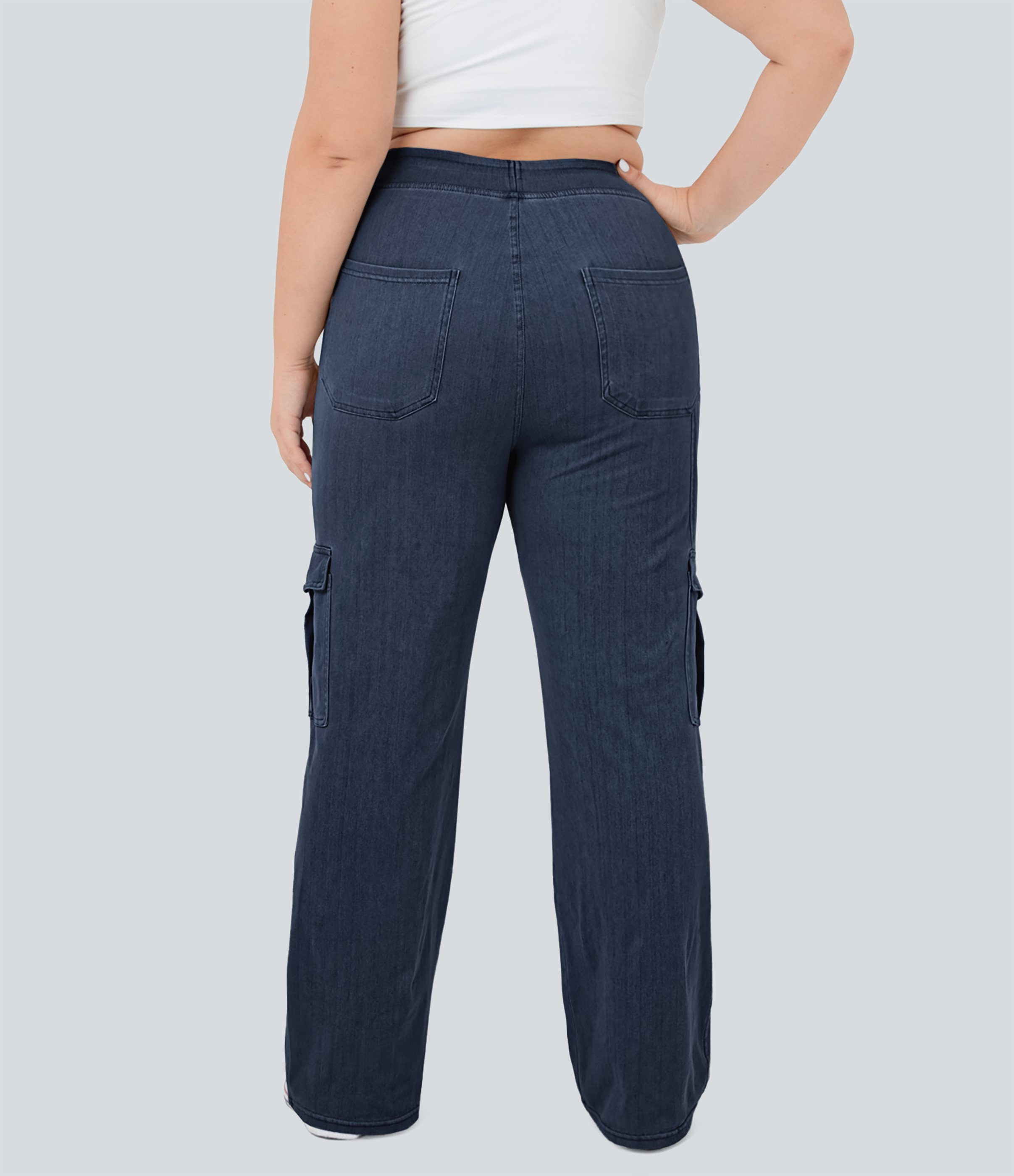 Washed Denim Navy Blue Jeans Halara Flex™ Denim cargo tiro medio múltiple bolsillo elástico pierna recta talla grande / 2