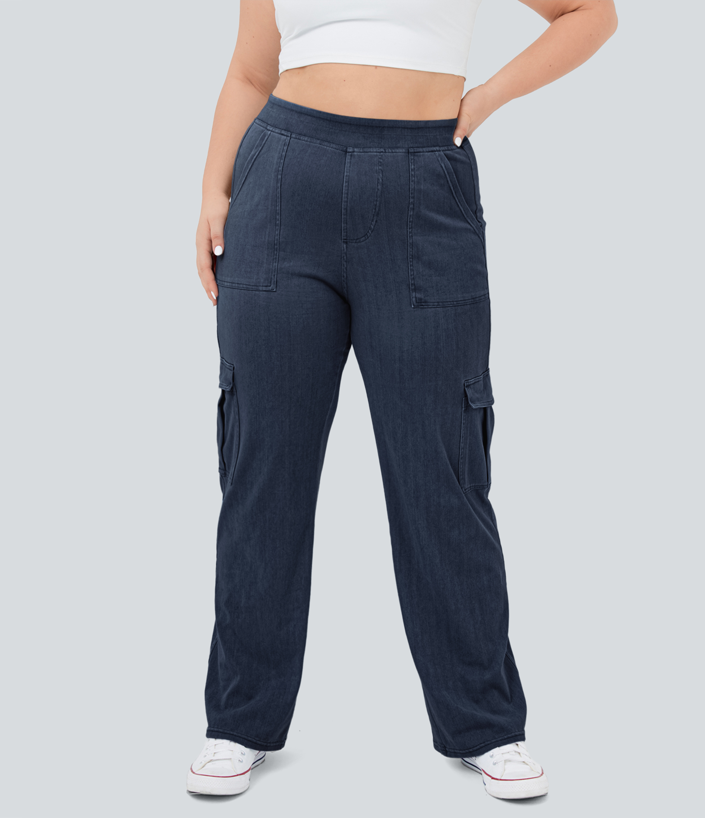 Jeans Halara Flex™ Denim cargo tiro medio múltiple bolsillo elástico pierna recta talla grande