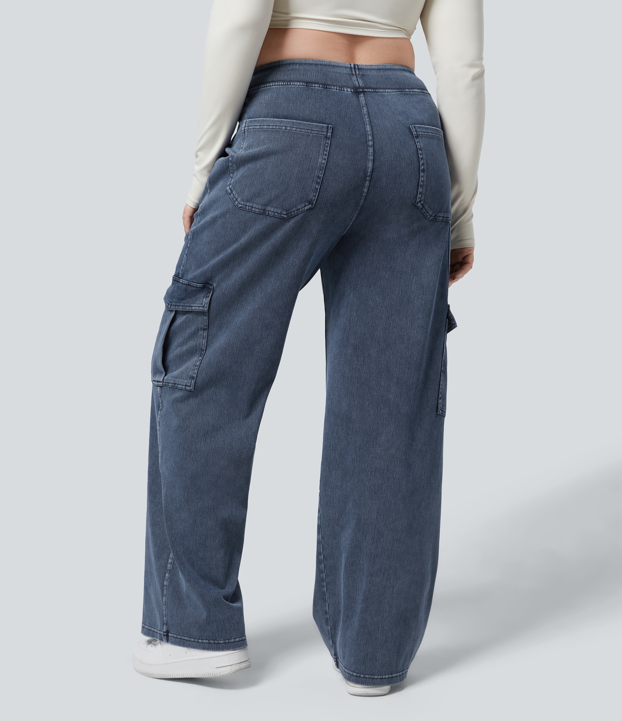 Washed Denim Bleached Blue Halara Flex™ Mid Rise Pockets Straight Leg Plus Size Casual Cargo Jeans / 2