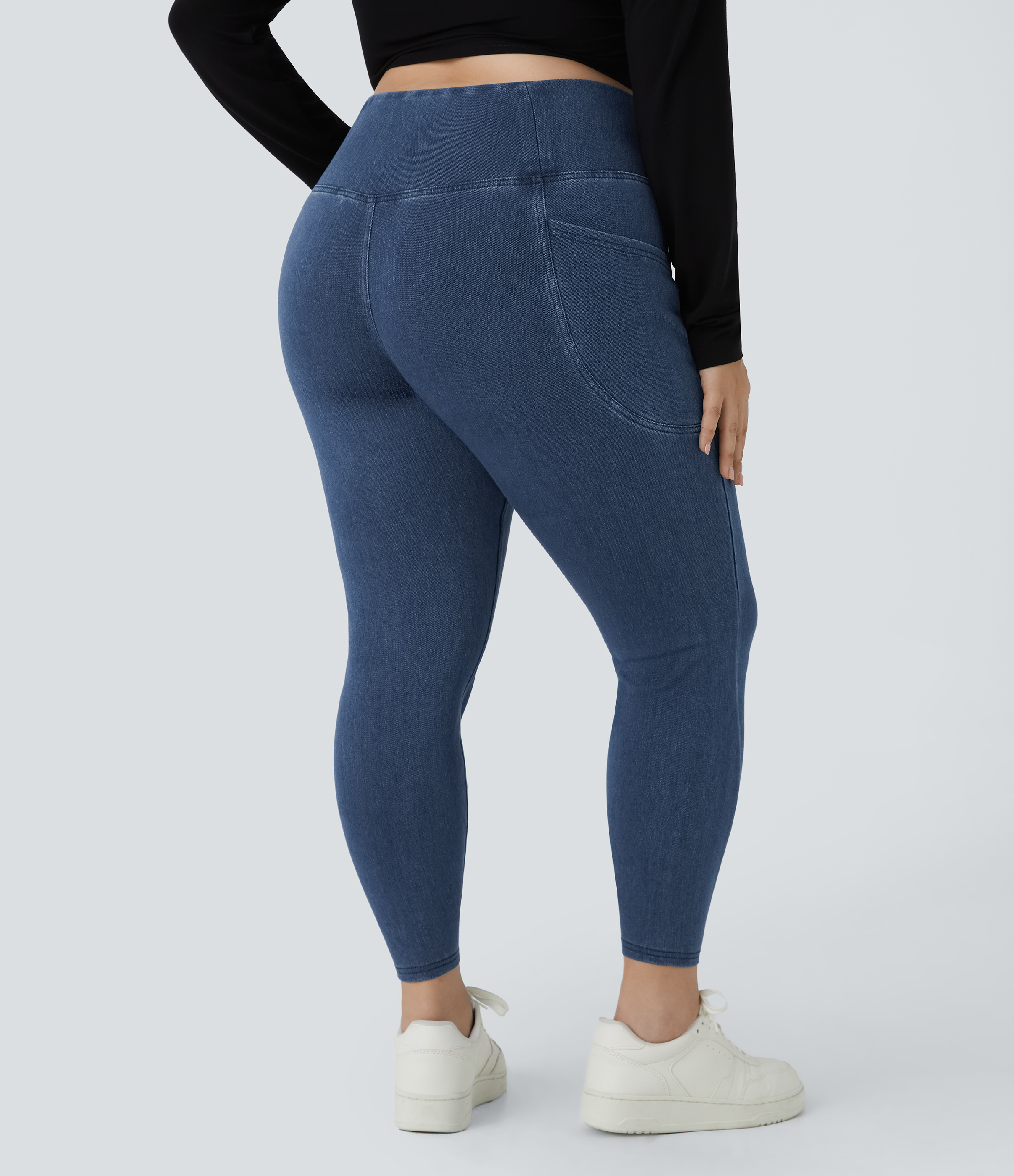 Washed Denim Bleached Blue Halara Flex™ Leggings grande taille de travail en denim délavé à poche croisée / 2