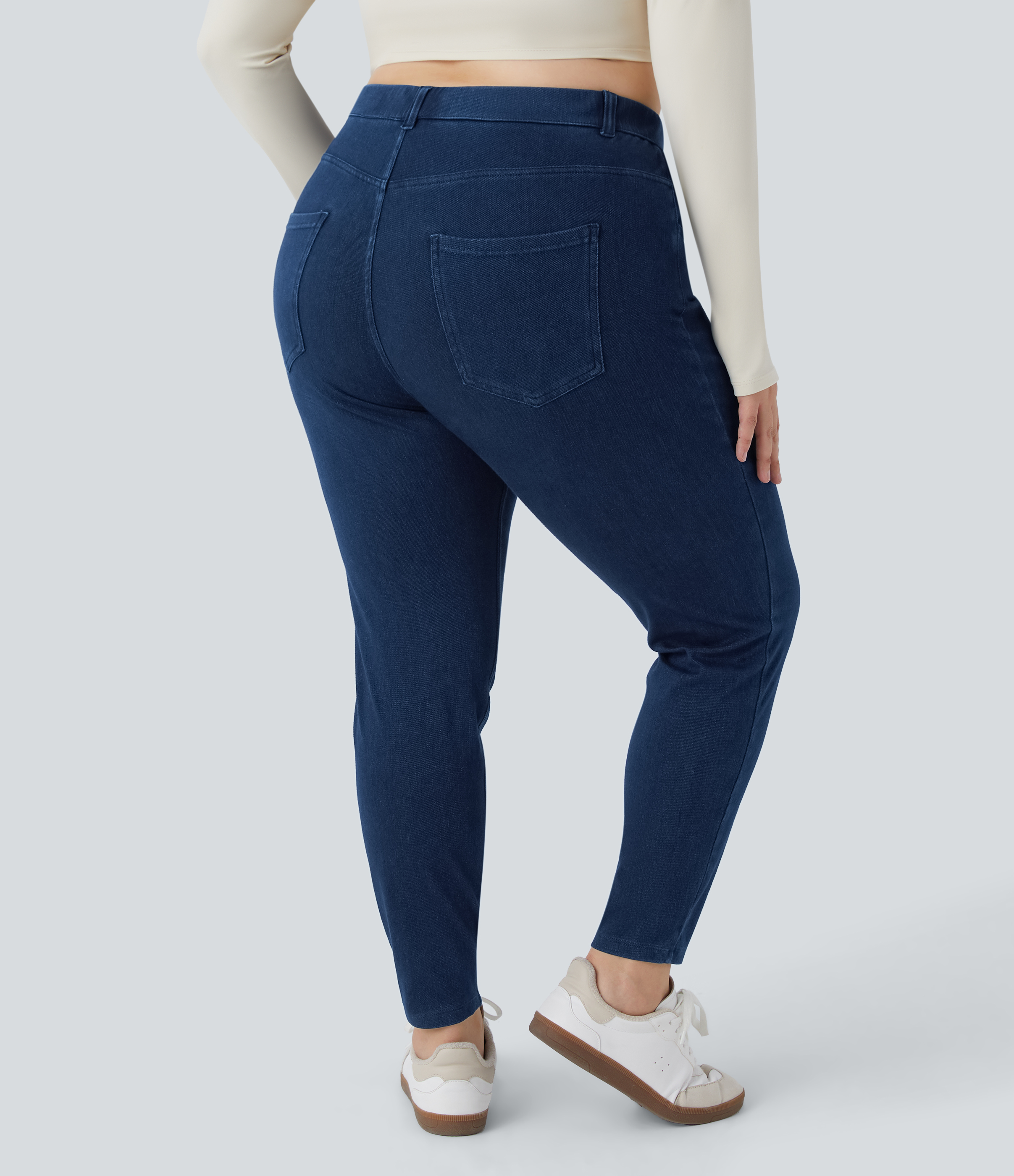 Halara Flex™ Plus-Size Jeggings 7/8-Leggings aus elastischem Strick-Denim mit hohem Bund und mehreren Taschen