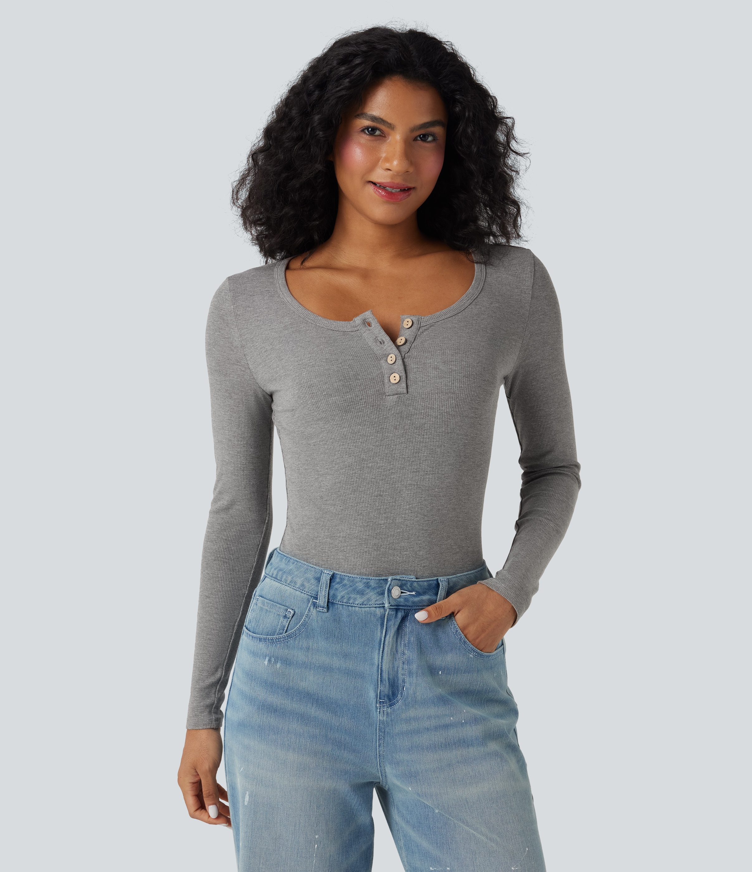 Gray White Mix Haut Henley en maille côtelée, manches longues, coupe slim, style décontracté. / 1