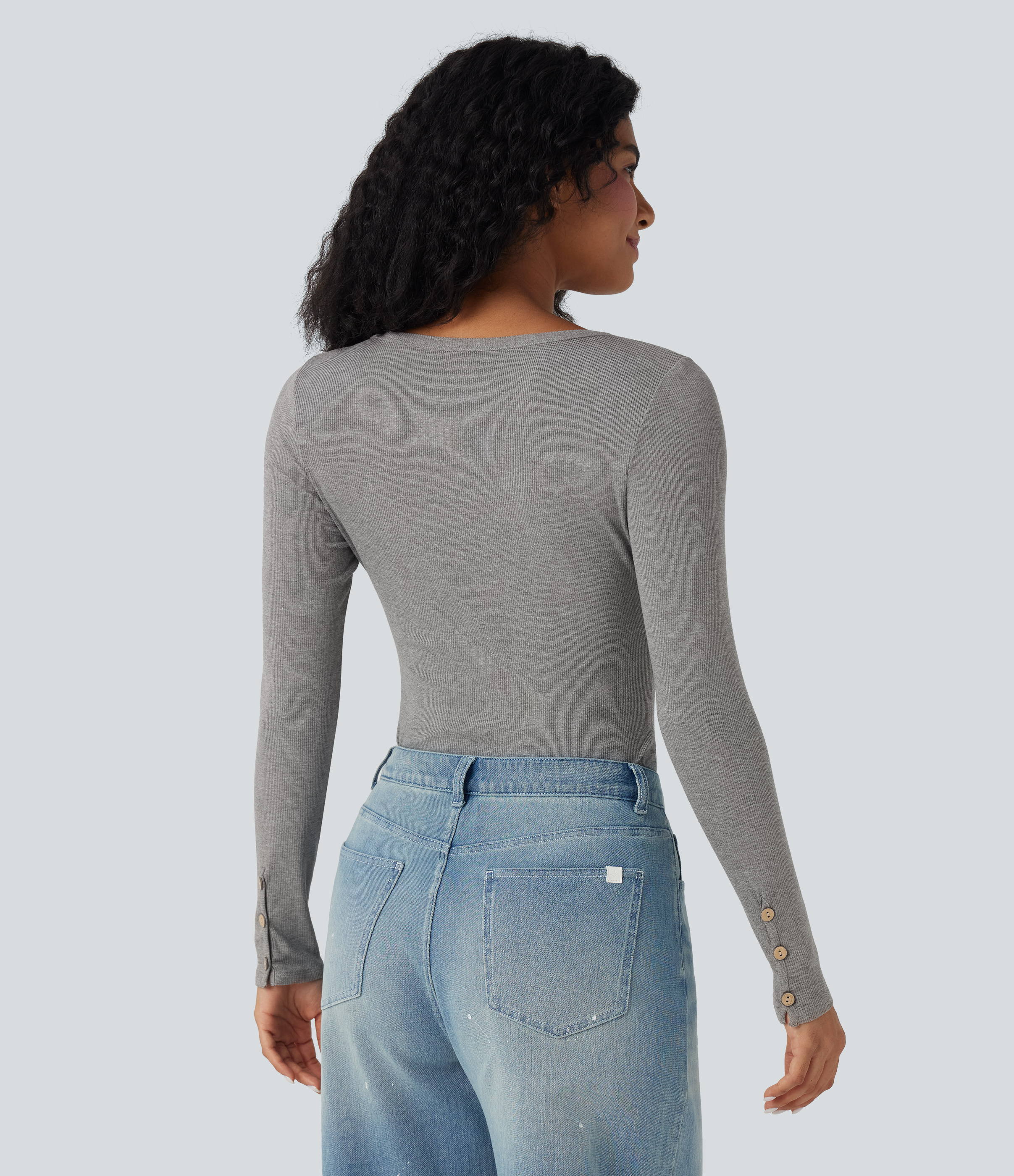 Gray White Mix Haut Henley en maille côtelée, manches longues, coupe slim, style décontracté. / 2