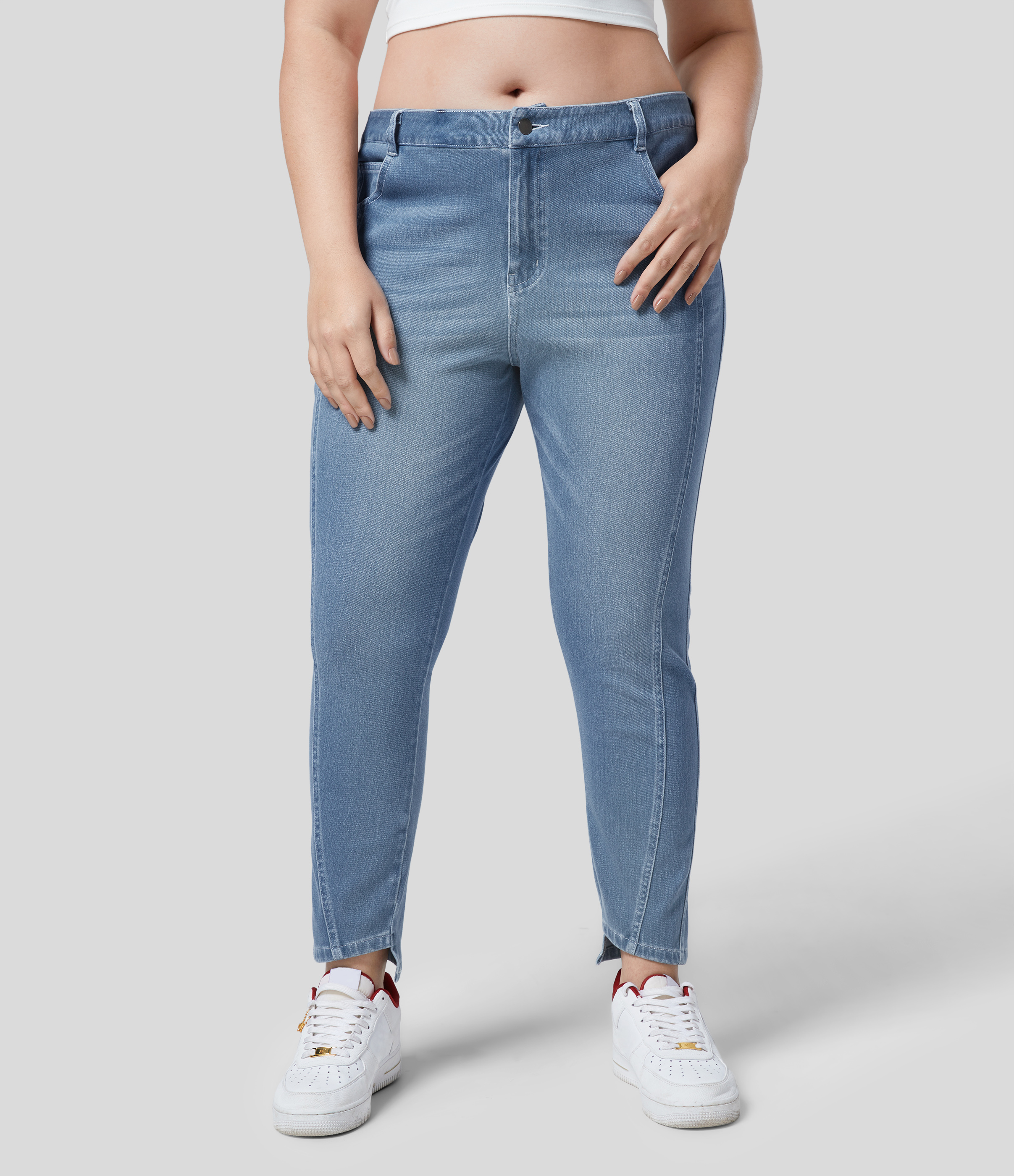 Sea Blue Denim Jeans Halara Flex™ Denim Ajustado de tiro alto con bolsillos y botones en tallas grandes / 2