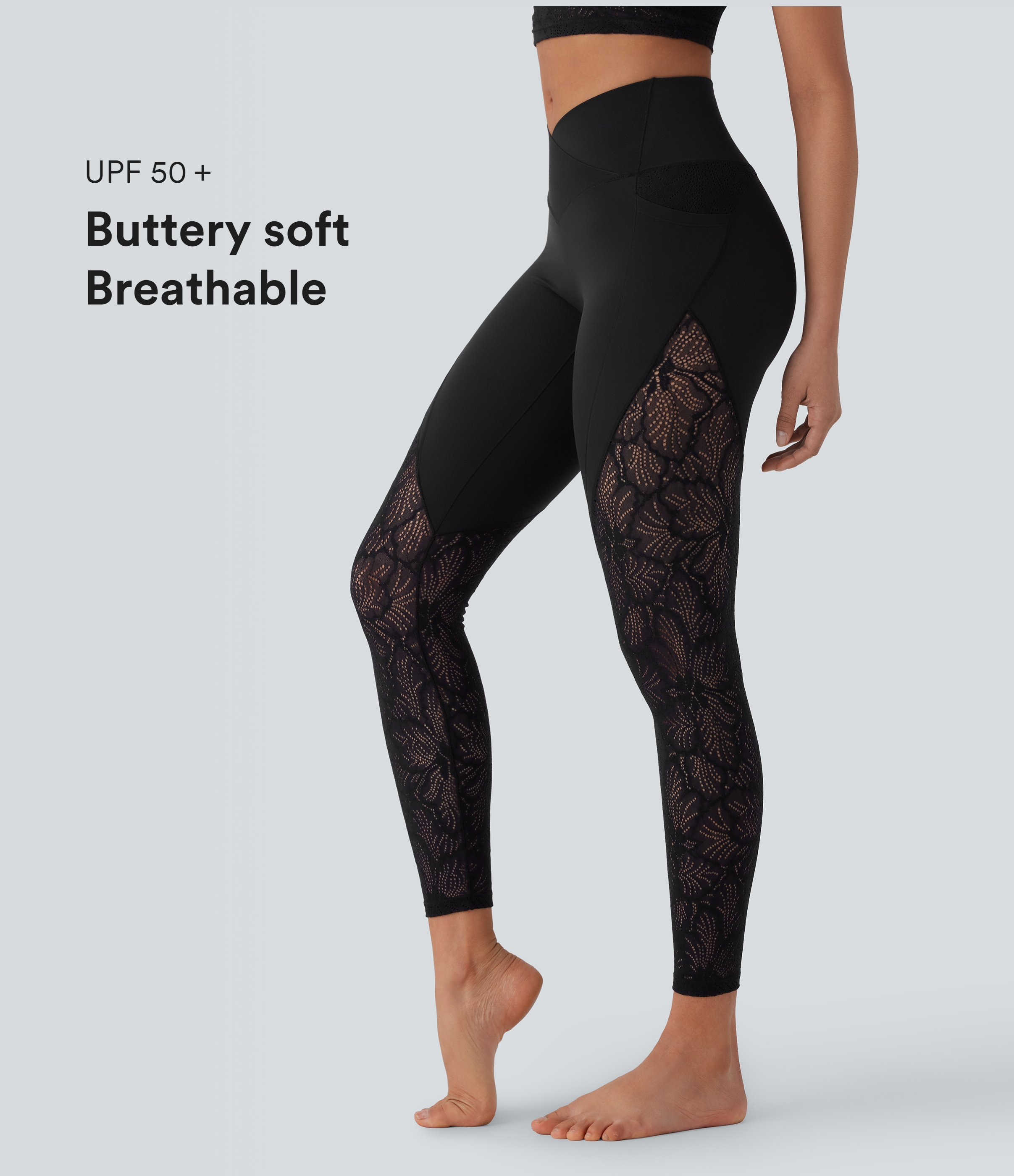 SoftlyZero™ High Waisted Crossover Pocket Contrast Lace 7/8 Yoga Leggings-UPF50+