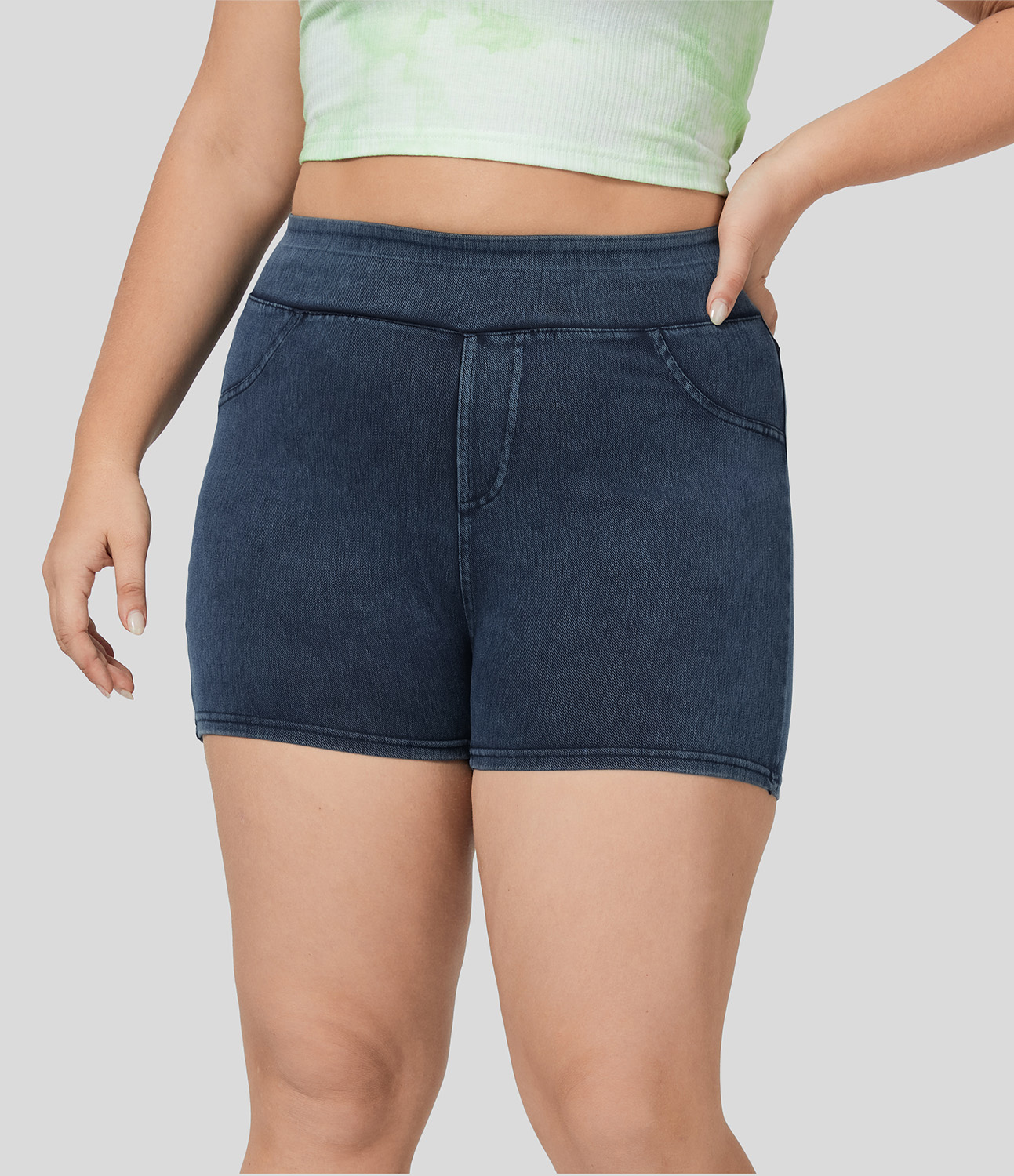 Washed Denim Navy Blue Pantalón corto Halara Flex™ Denim mezclilla elástico bolsillo lateral trasero tiro alto 7.5cm / 2