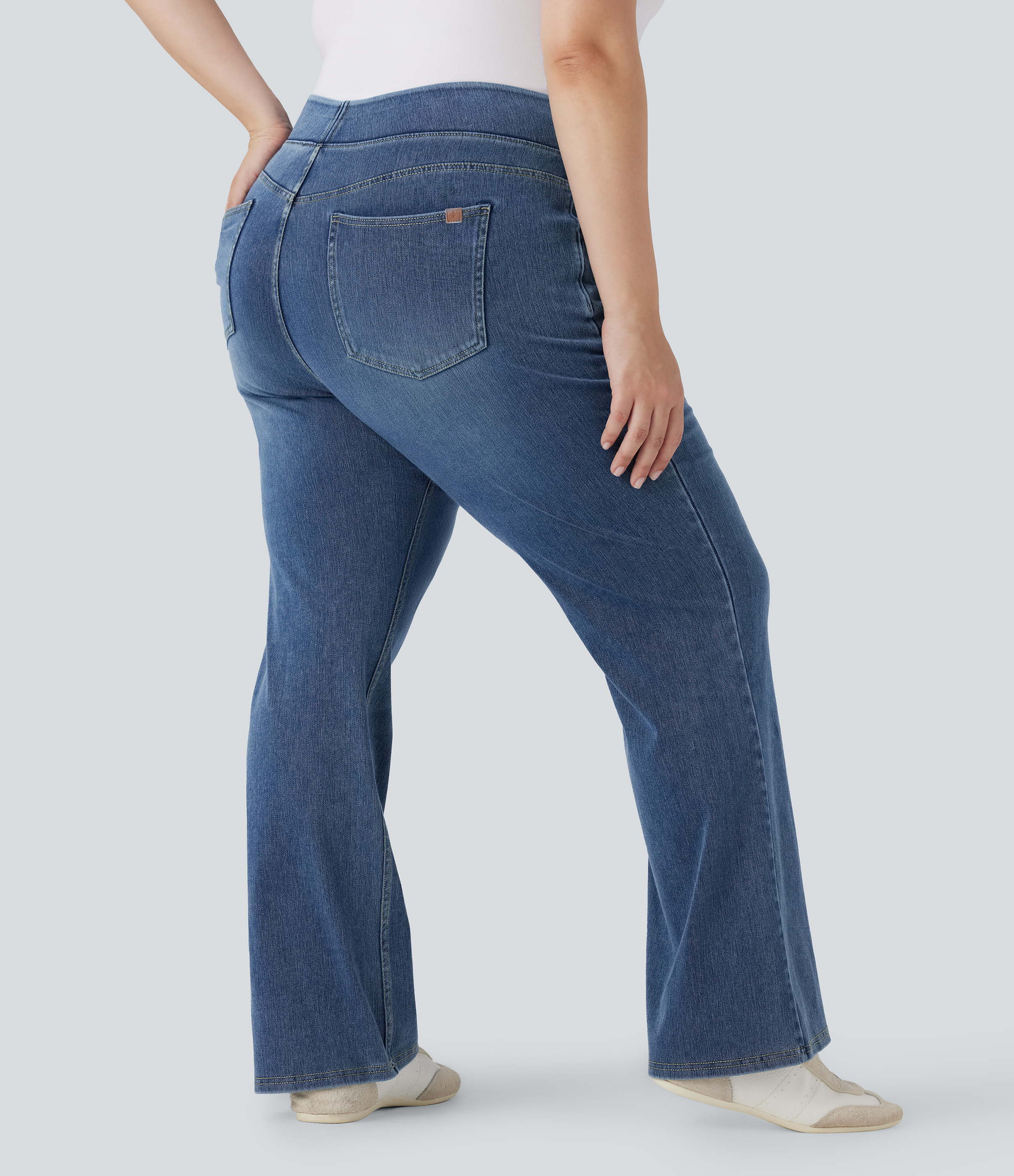 Royal Blue Denim Jeans Halara Flex™ Denim tiro alto lavados de punto elástico con múltiples bolsillos, corte acampanado en tallas grandes / 2