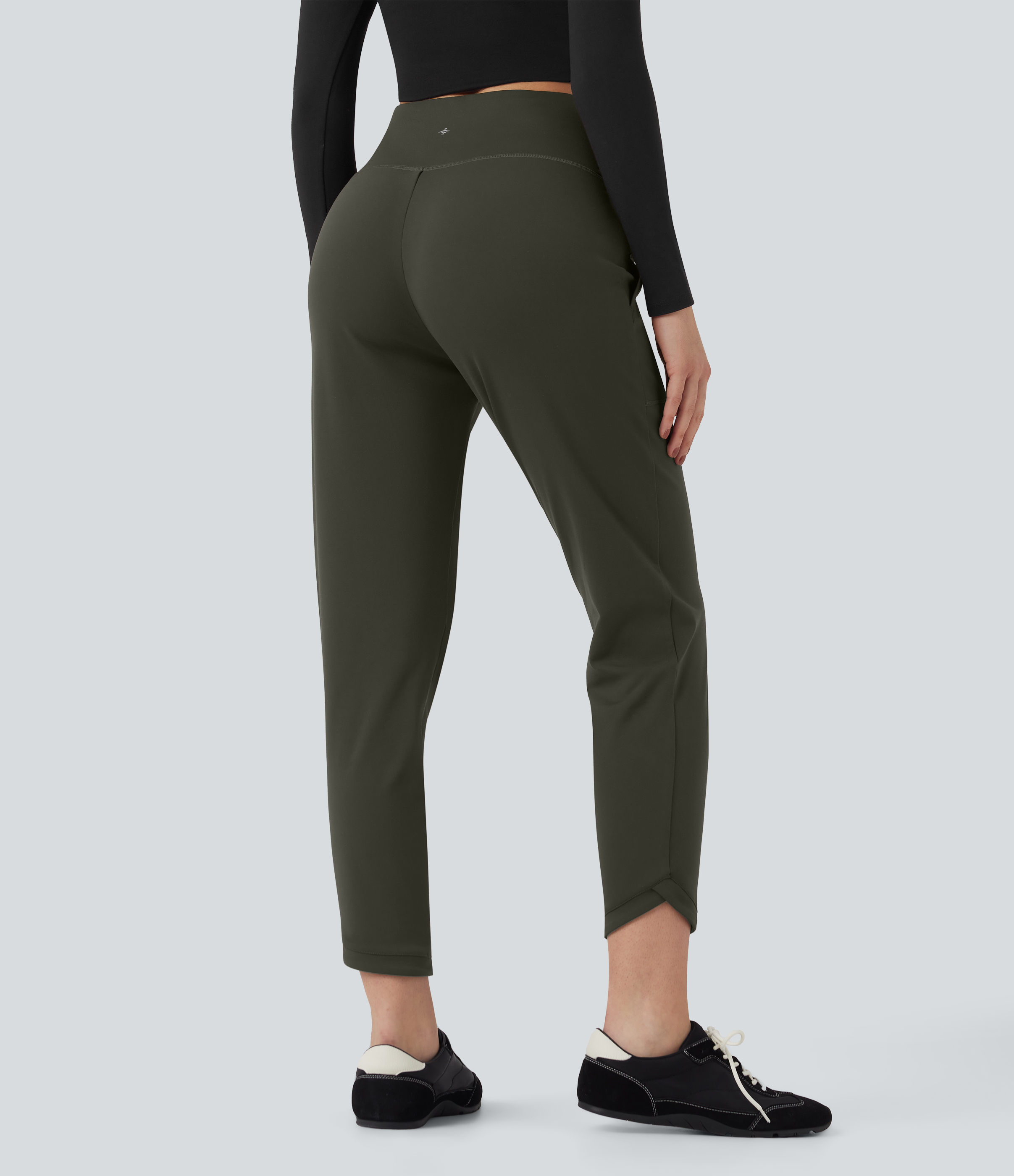 Forest Night Pantalones casuales ajustados de tiro alto cruzado con bolsillos / 2