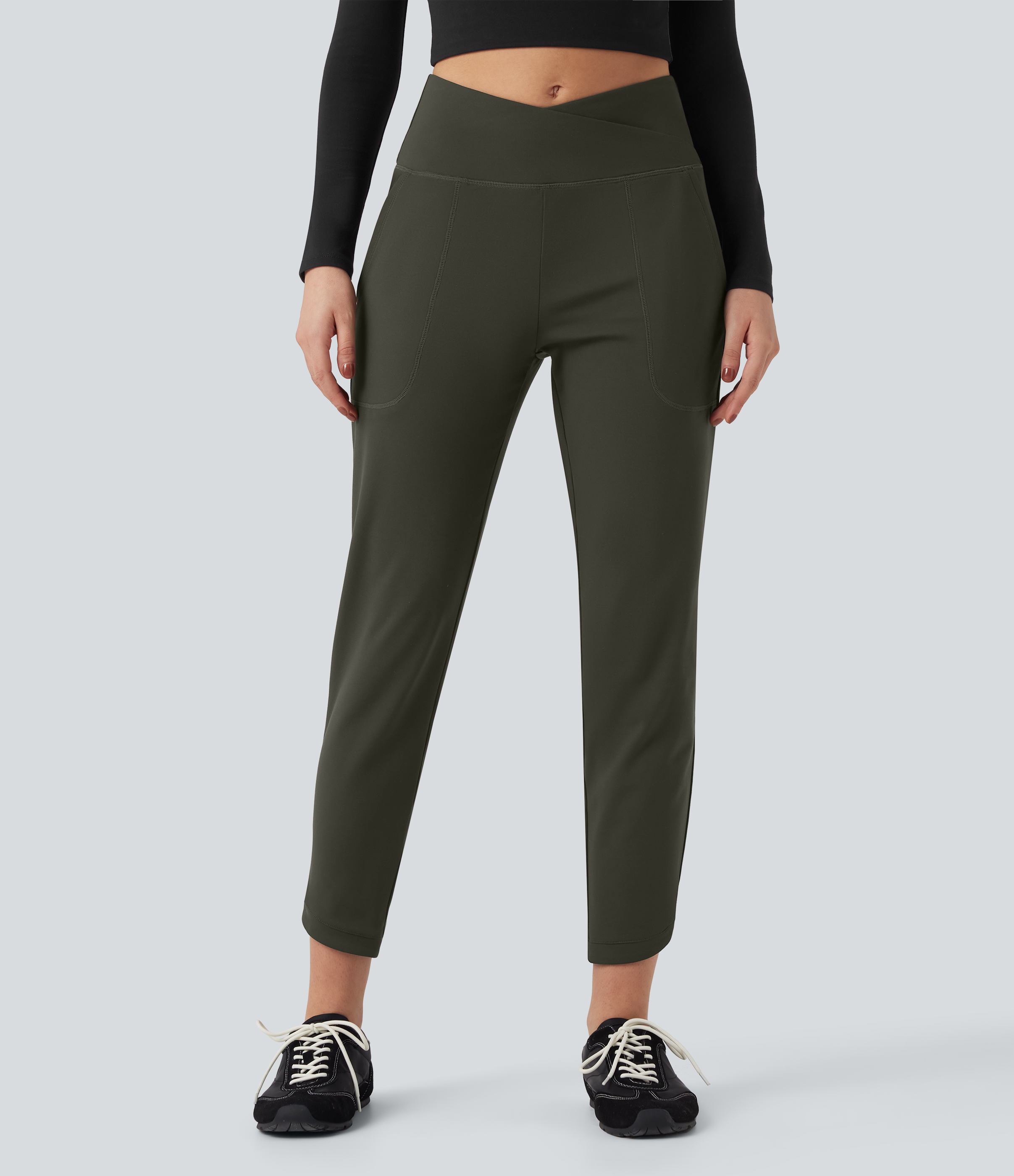 Forest Night Pantalones casuales ajustados de tiro alto cruzado con bolsillos / 1