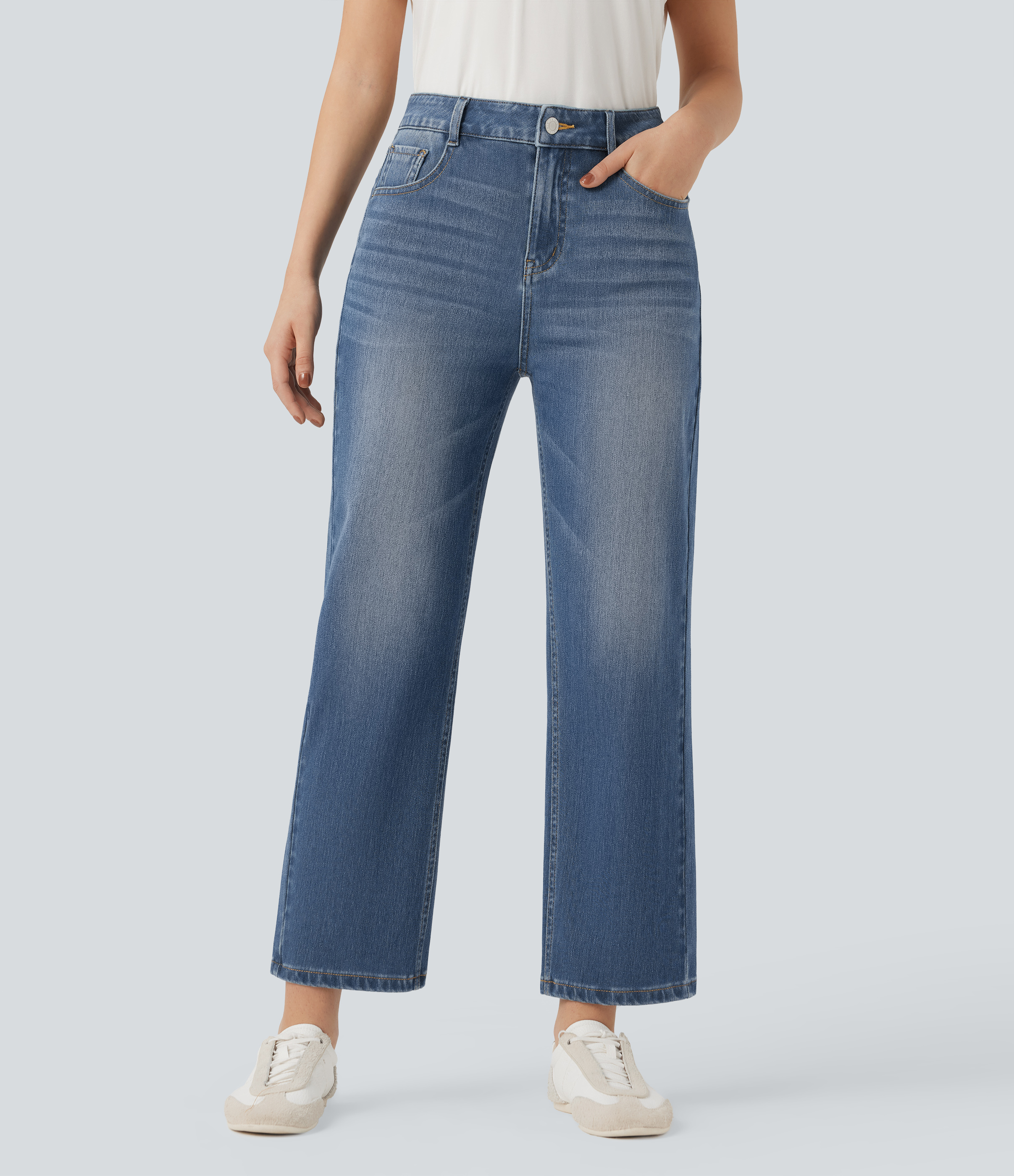 Tide Blue Denim Halara Flex™ Jeans décontractés lavés, taille haute, coupe droite, avec poches / 2